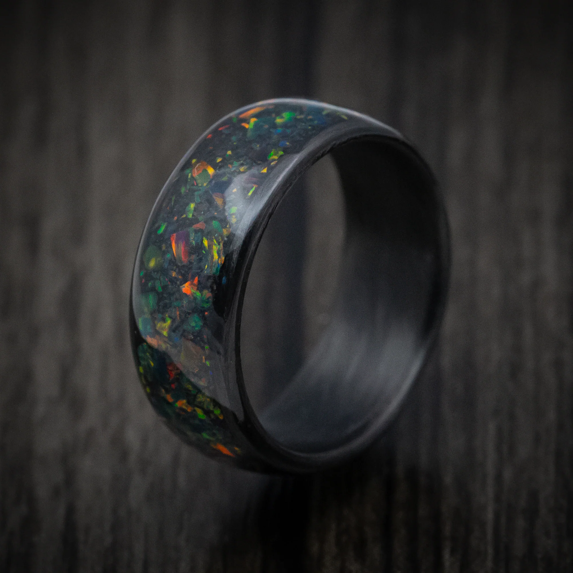 Carbon Fiber and Opal Men's Ring with Glow Custom Made Band - Image 4