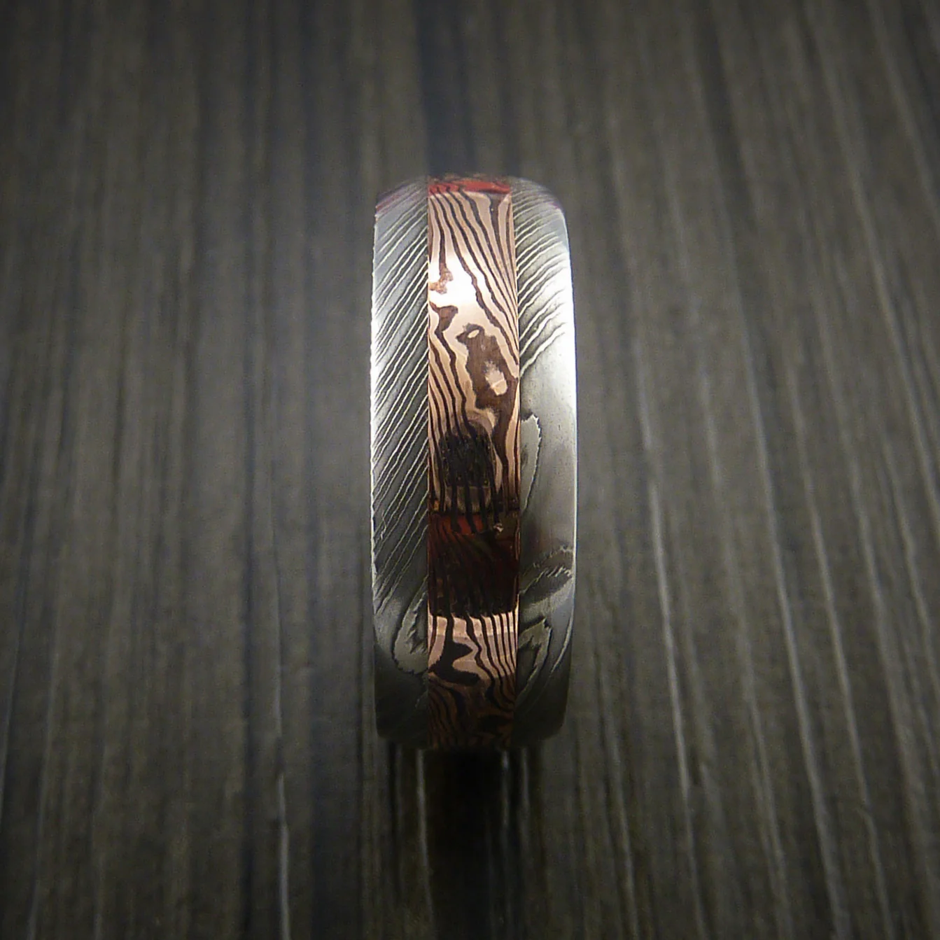 Damascus and 14k Rose Gold Mokume Gane Men's Ring Custom Made - Image 3