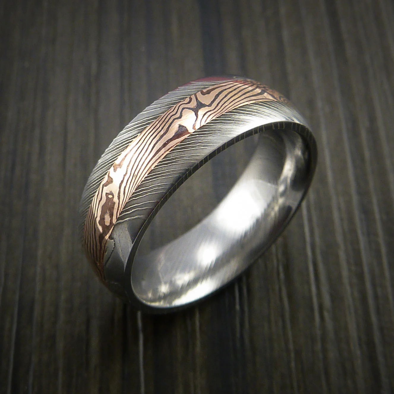 Damascus and 14k Rose Gold Mokume Gane Men's Ring Custom Made - Image 4
