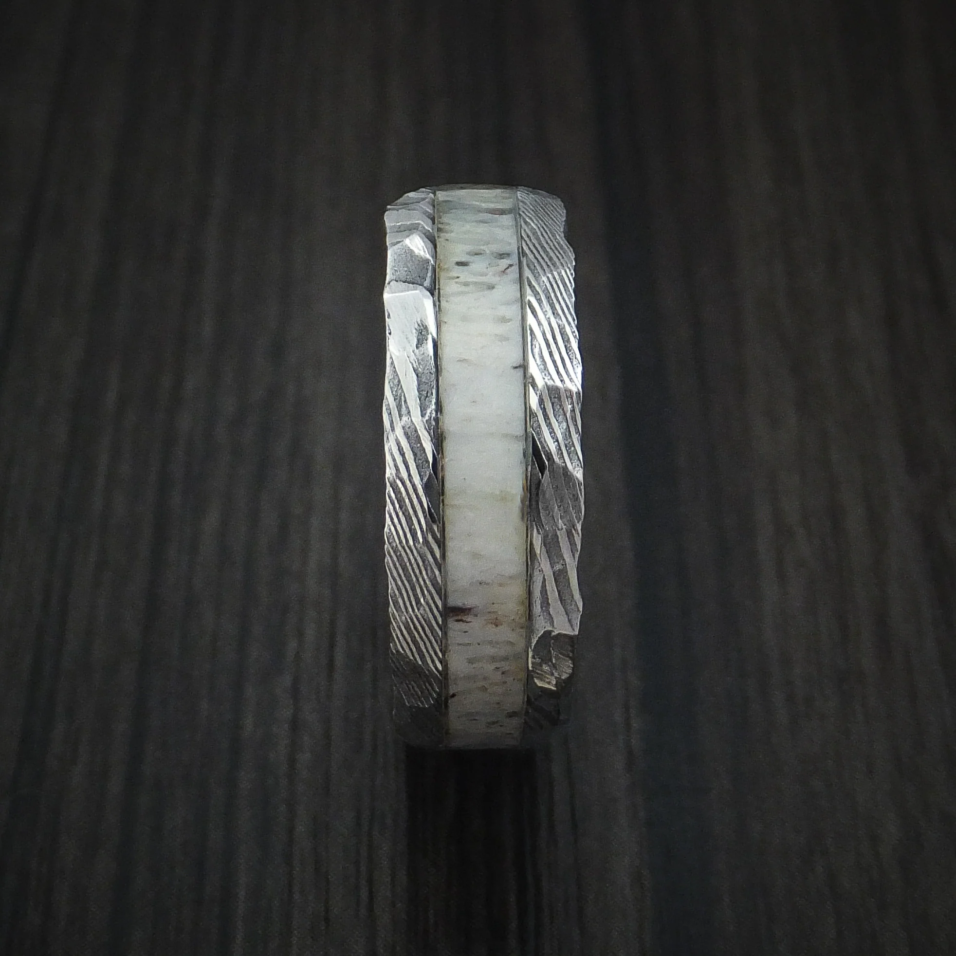 Damascus Steel and Antler Rock Hammered Men's Ring Custom Made Band - Image 3
