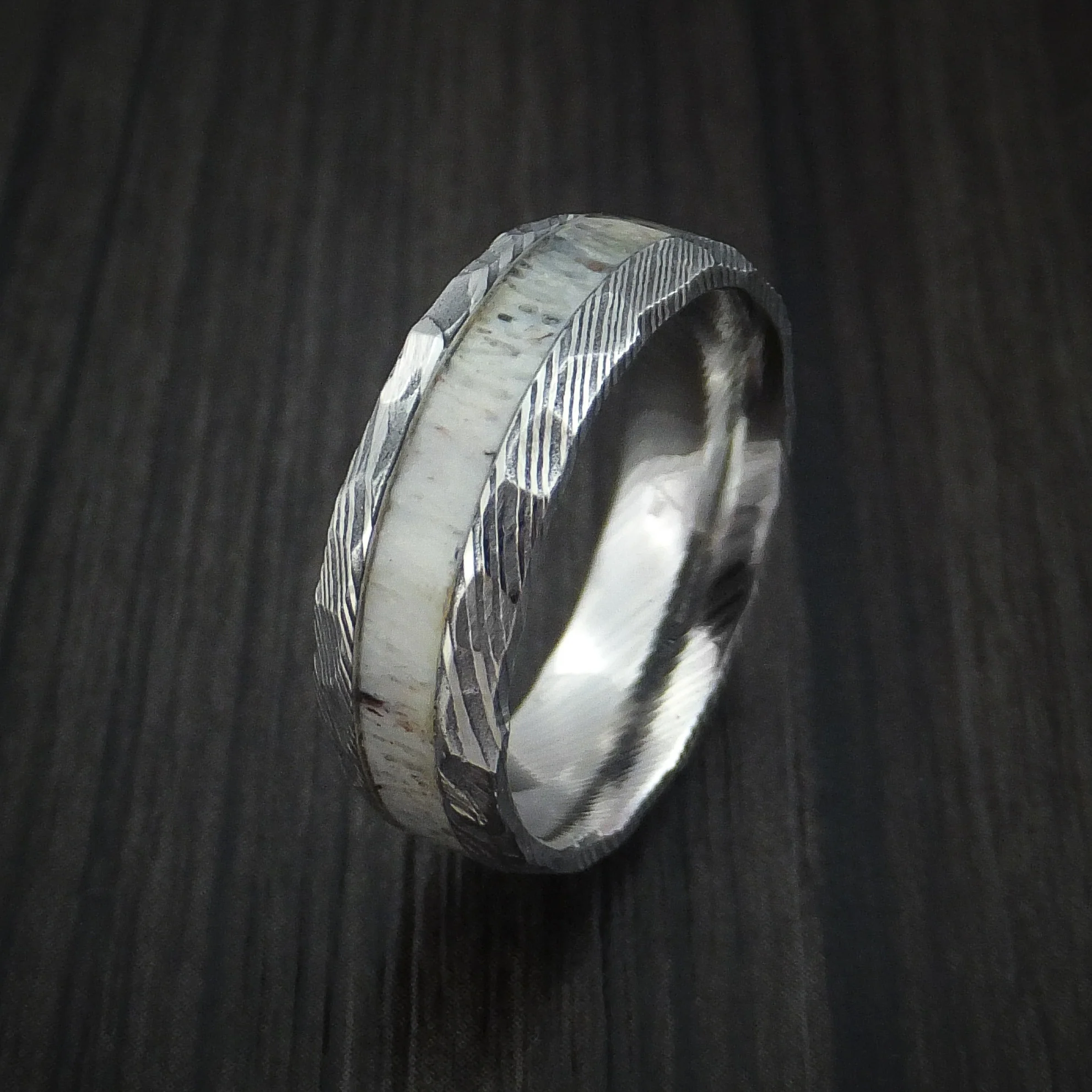 Damascus Steel and Antler Rock Hammered Men's Ring Custom Made Band - Image 4