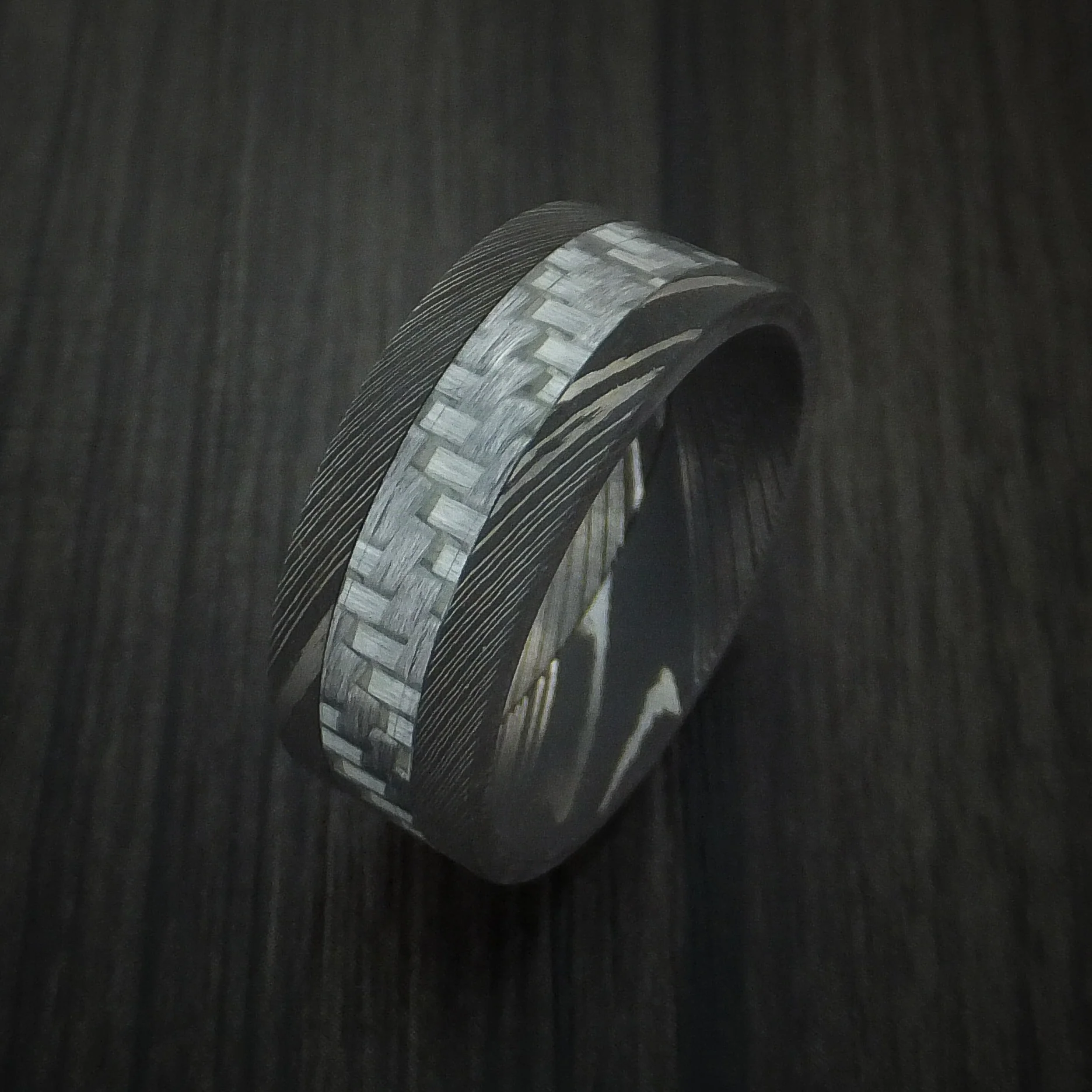 Damascus Steel and Carbon Fiber Men's Ring Custom Made Band - Image 3