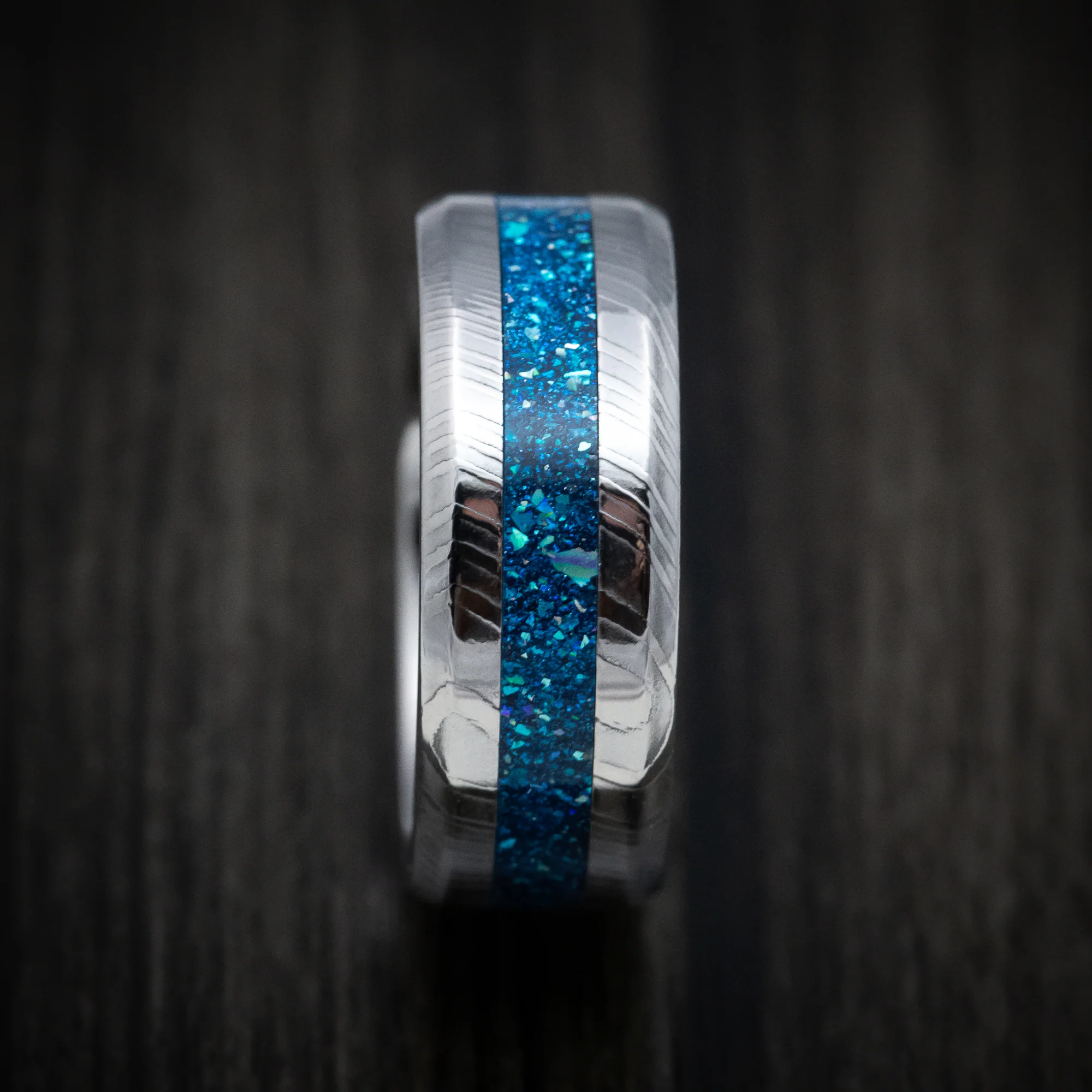 Damascus Steel and DiamondCast Inlay Men's Ring Custom Made - Image 3