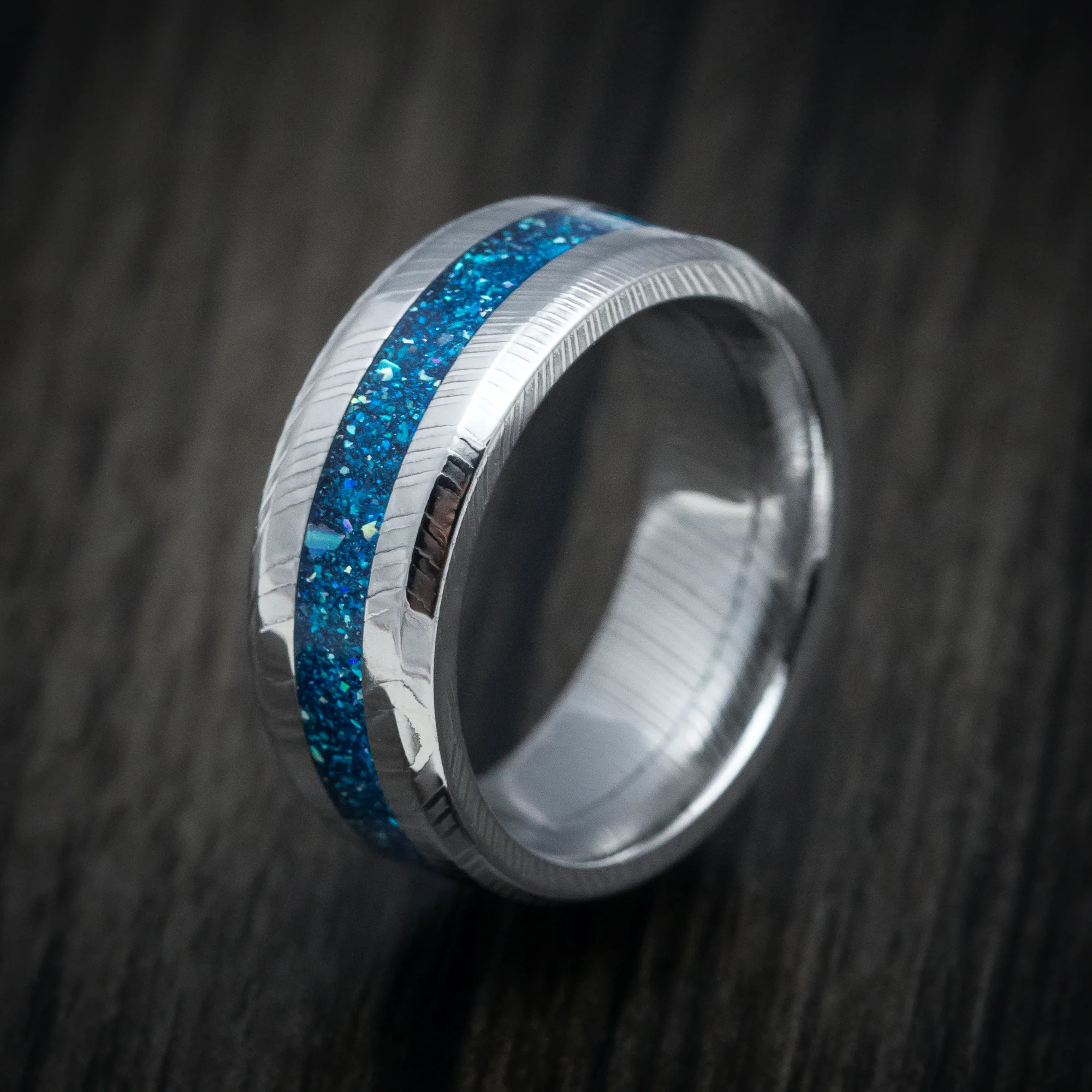 Damascus Steel and DiamondCast Inlay Men's Ring Custom Made - Image 4