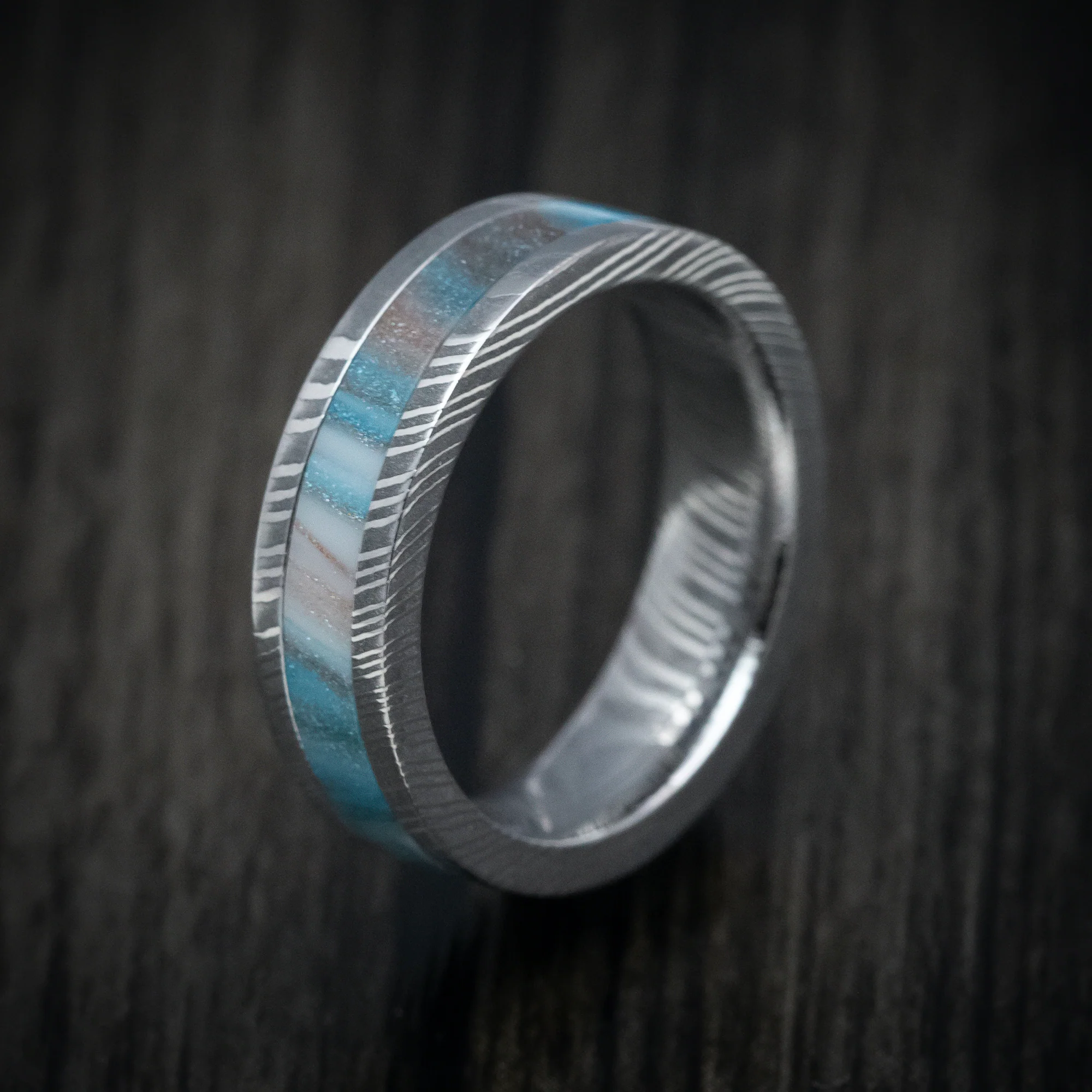 Damascus Steel and DiamondCast Inlay Men's Ring Custom Made - Image 4