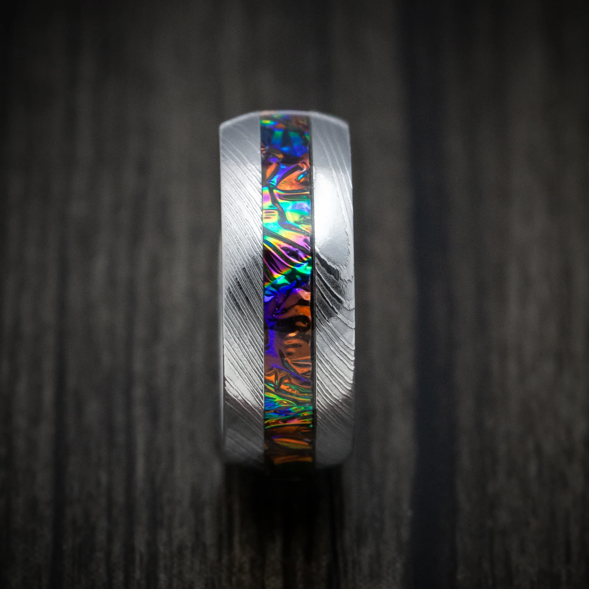 Damascus Steel and Dichrolam Inlay Men's Ring Custom Made Band - Image 3