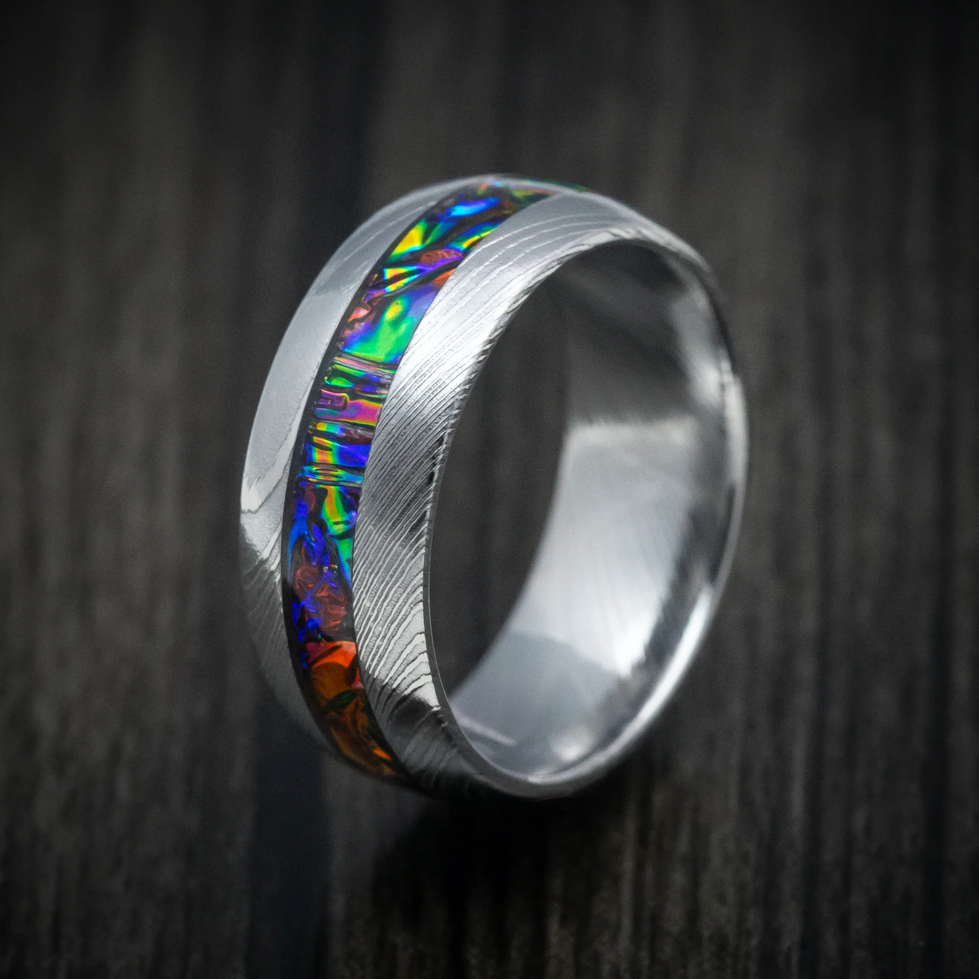 Damascus Steel and Dichrolam Inlay Men's Ring Custom Made Band - Image 4