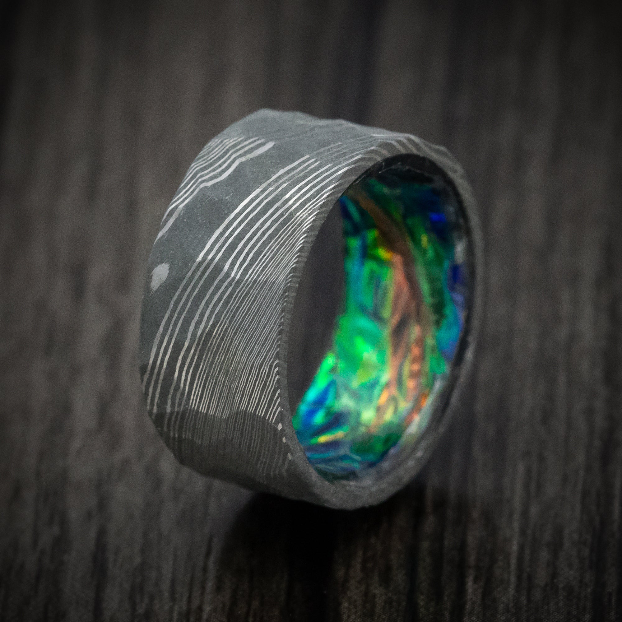 Damascus Steel and Dichrolam Sleeve Men's Ring Custom Made Band - Image 4