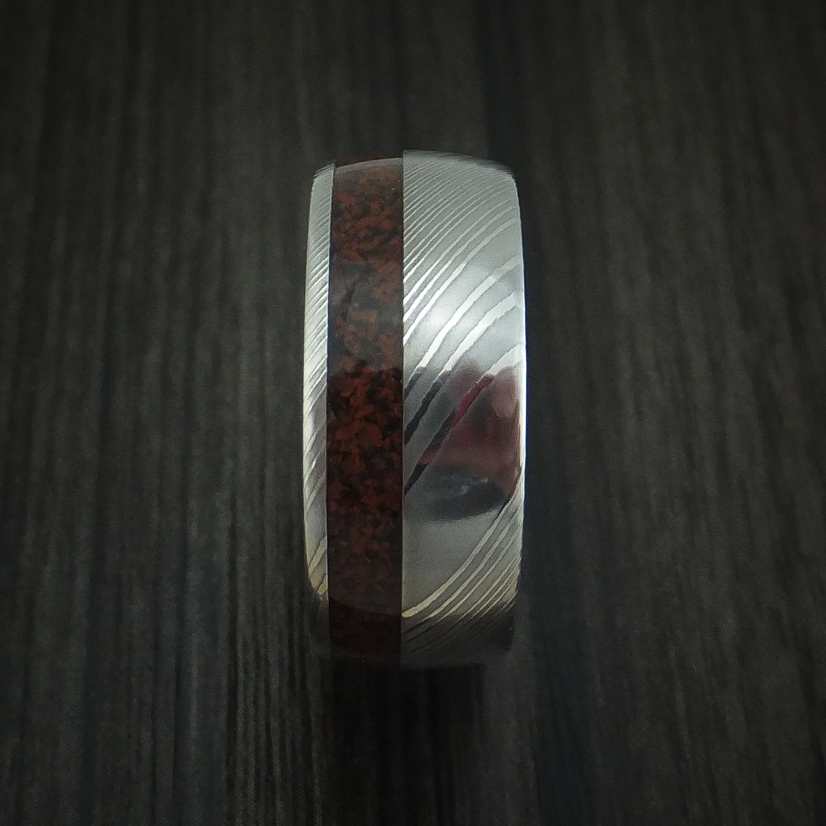 Damascus Steel and Red Dinosaur Bone Men's Ring Custom Made Fossil Band - Image 3