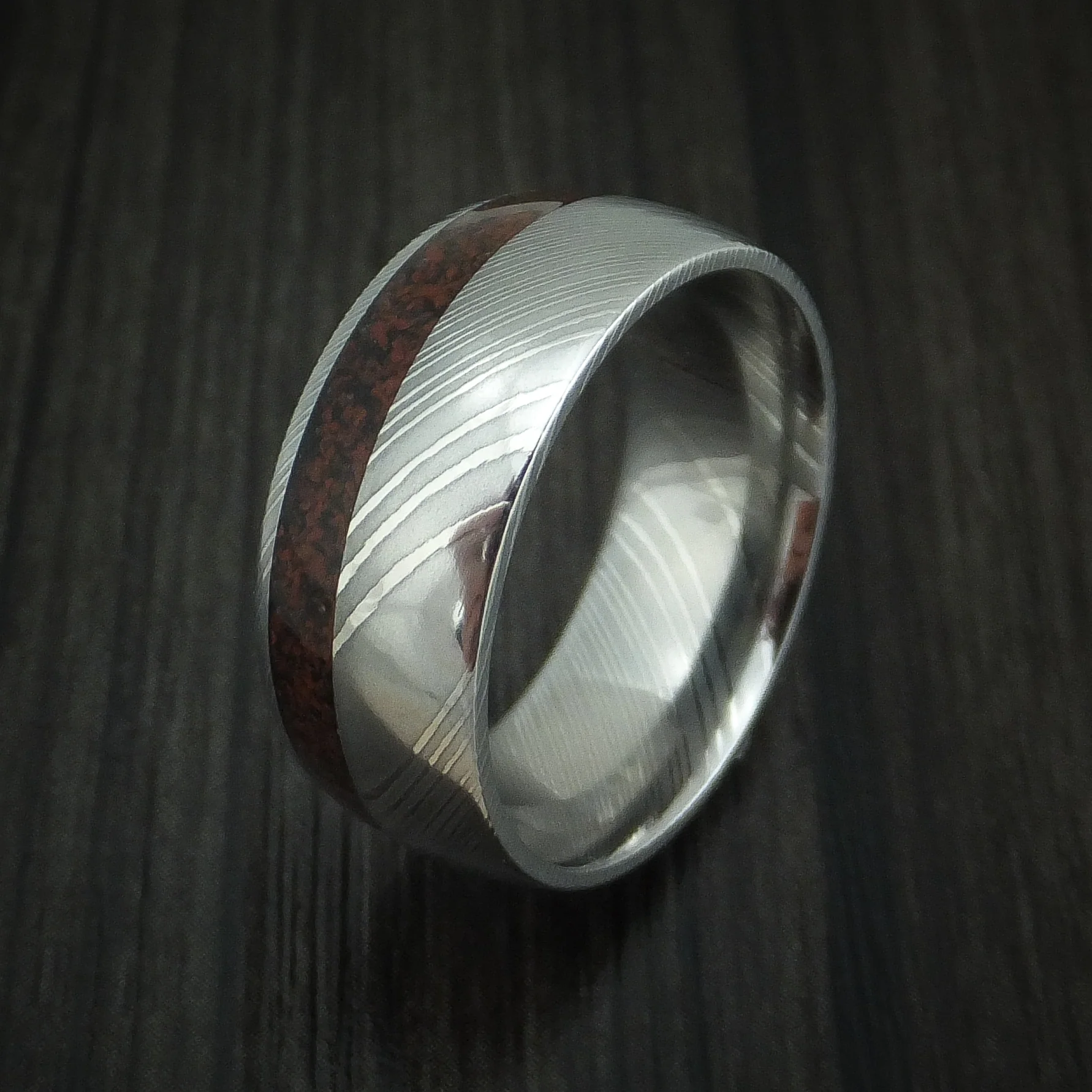 Damascus Steel and Red Dinosaur Bone Men's Ring Custom Made Fossil Band - Image 4