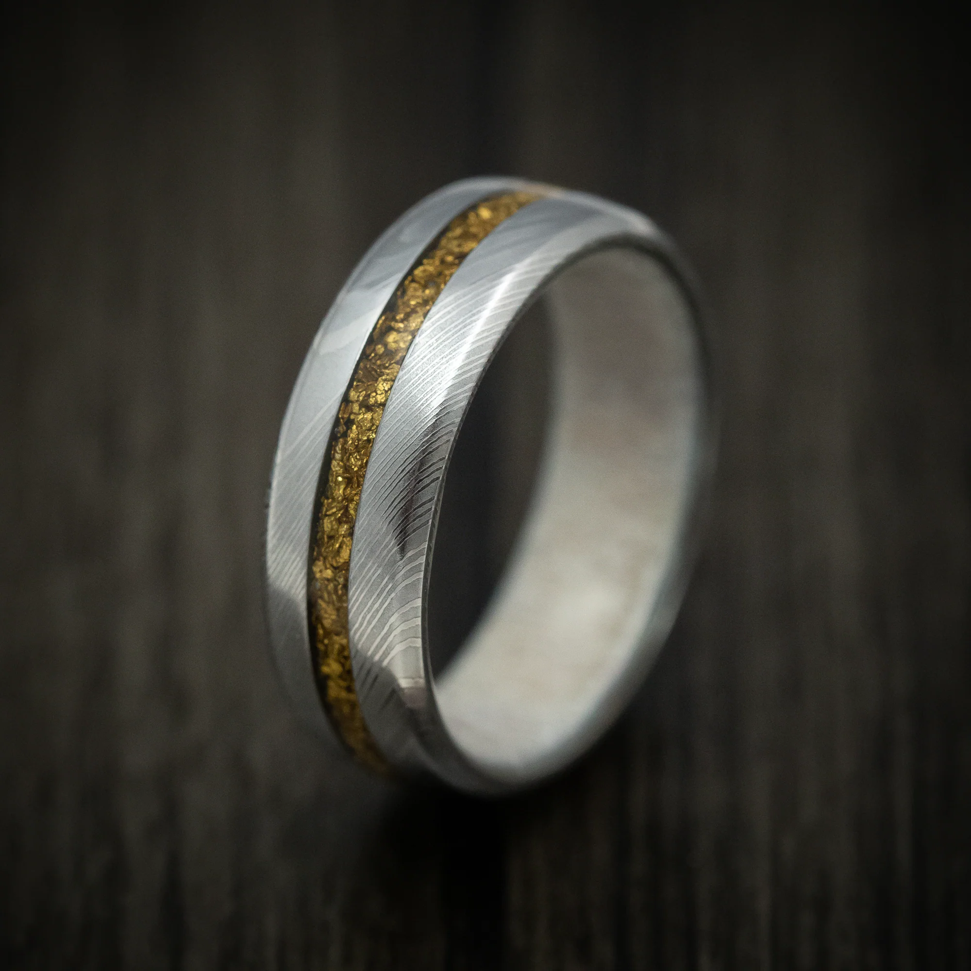 Damascus Steel Men's Ring with 24K Raw Gold Nugget and Antler Sleeve - Image 4