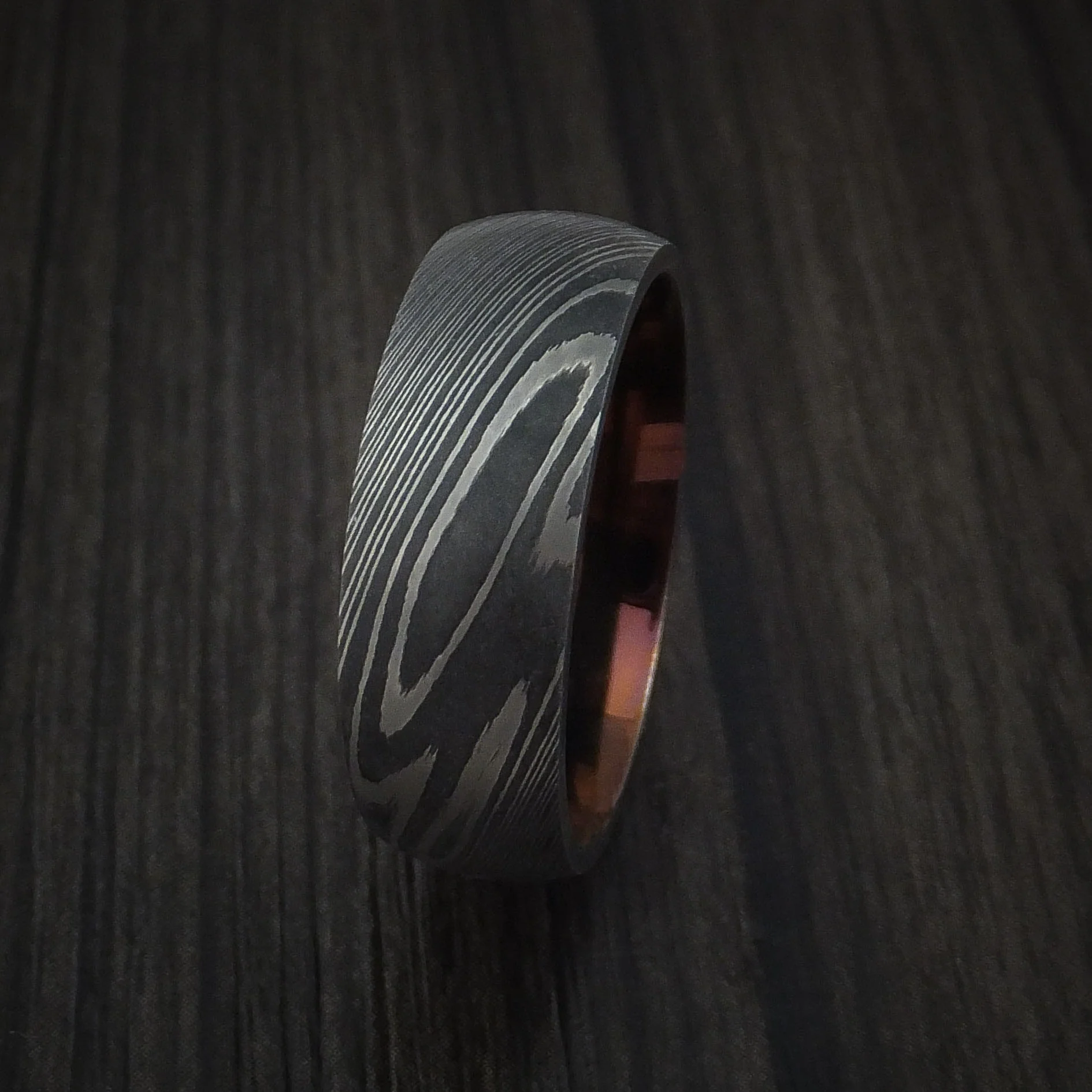 Damascus Steel Men's Ring with Anodized Titanium Interior Sleeve Custom Made - Image 4