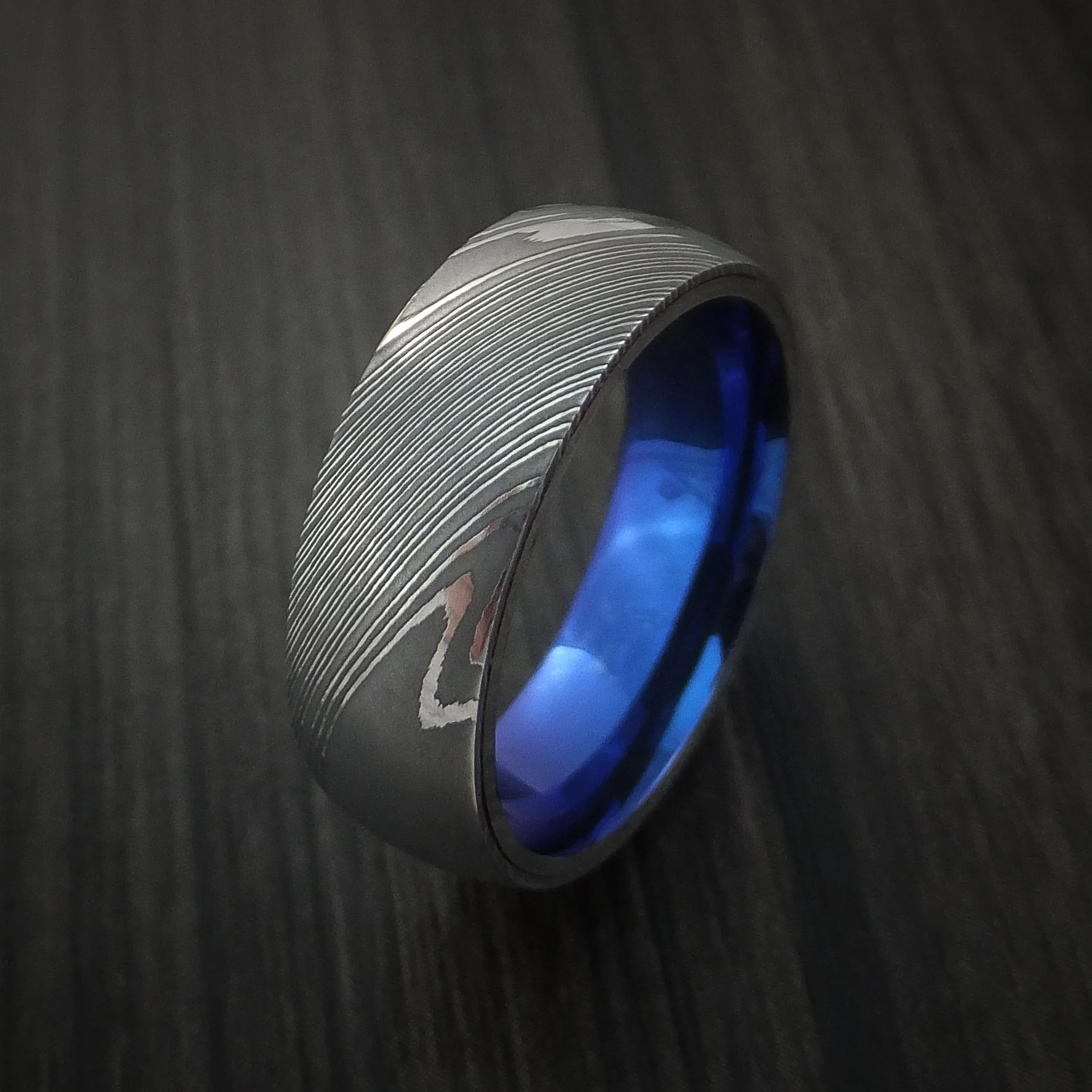 Damascus Steel Men's Ring with Anodized Titanium Interior Sleeve Custom Made - Image 4
