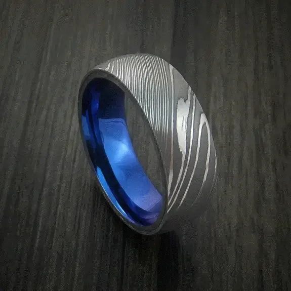 Damascus Steel Men's Ring with Anodized Titanium Interior Sleeve Custom Made - Image 5