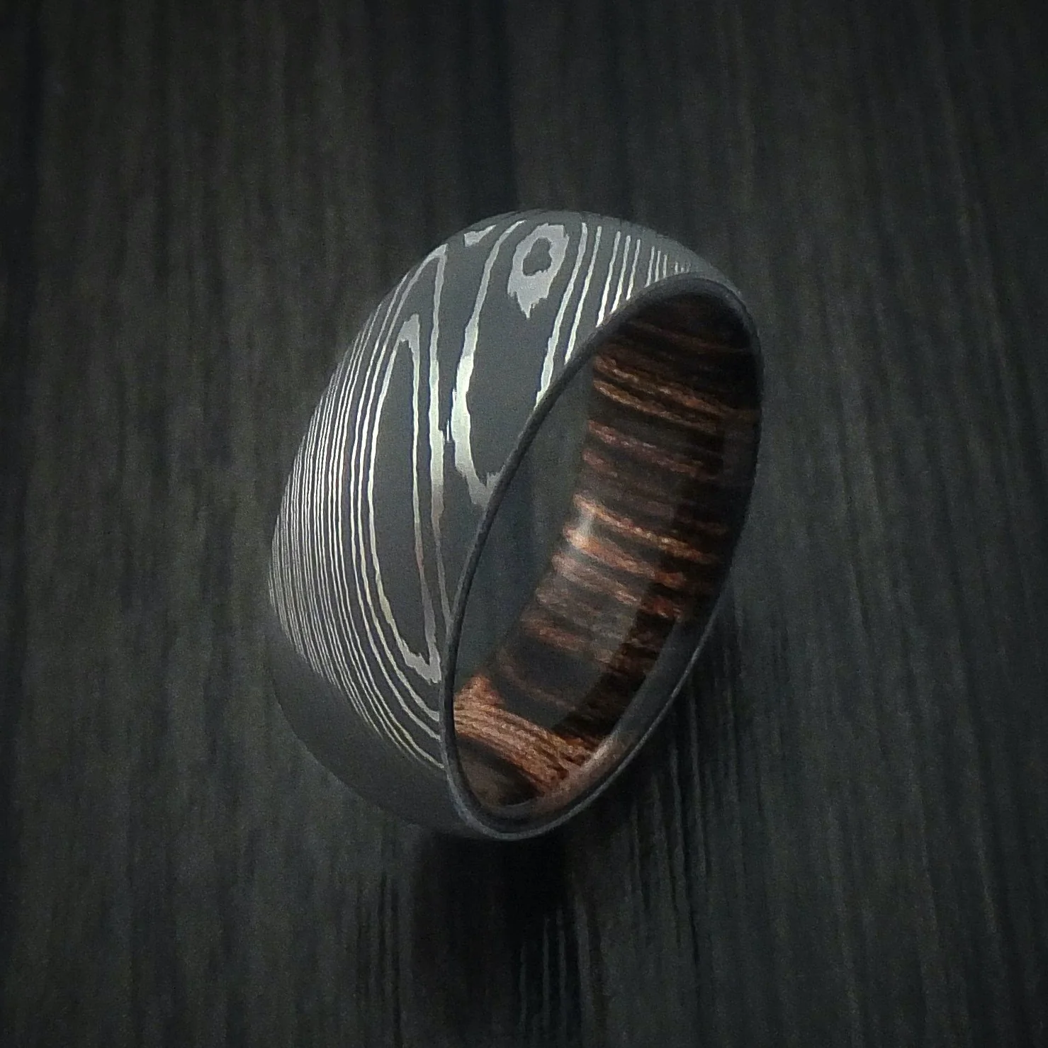 Damascus Steel Men's Ring with Hardwood Interior Sleeve Custom Made - Image 4