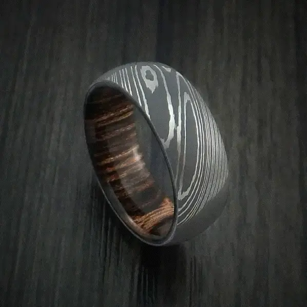 Damascus Steel Men's Ring with Hardwood Interior Sleeve Custom Made - Image 5