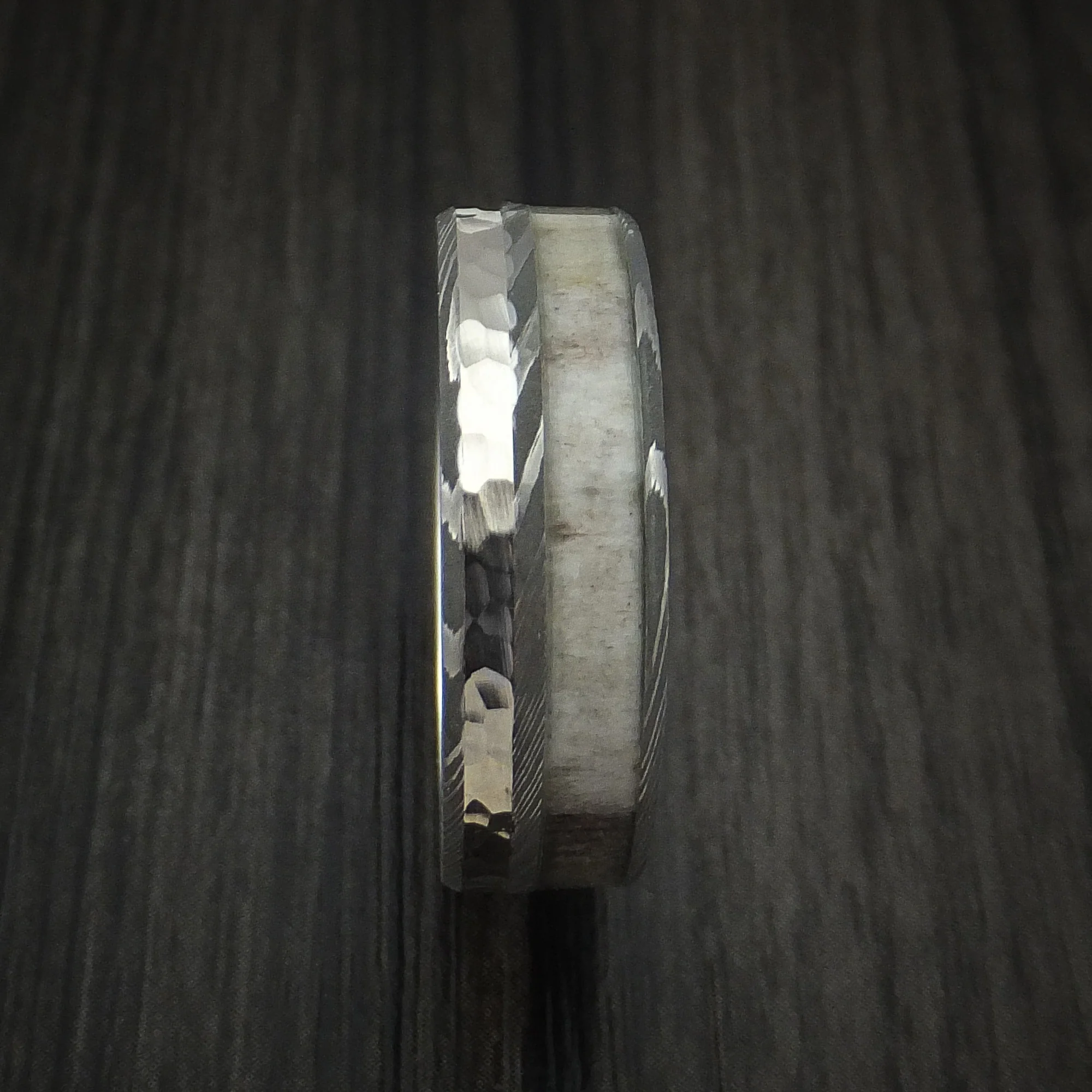 Damascus Steel with Hammered 14k White Gold and Antler Custom Made Men's Ring - Image 3