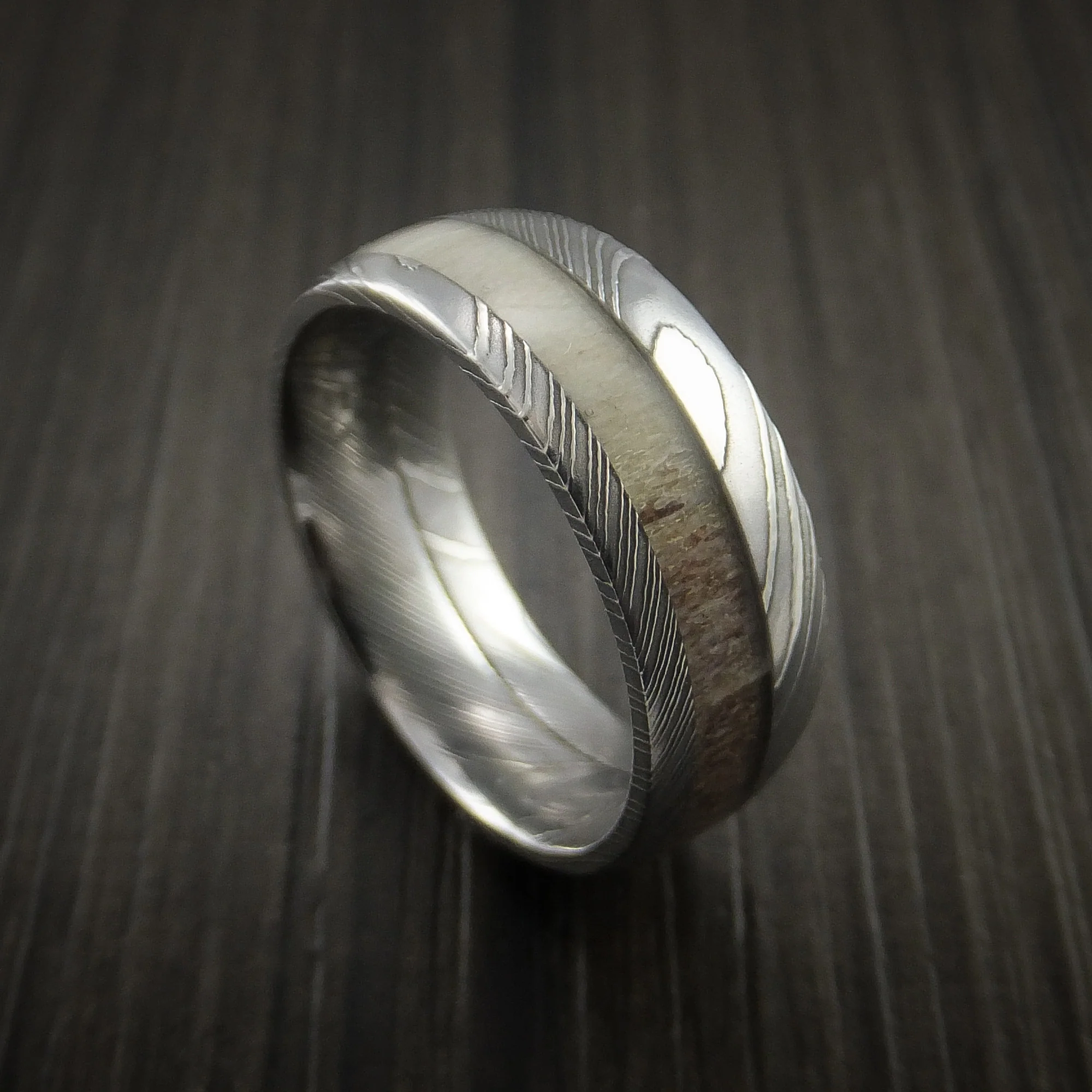 Antler Men's Ring inlaid in Solid Damascus Steel Hunters Wedding Band Custom Made - Image 3