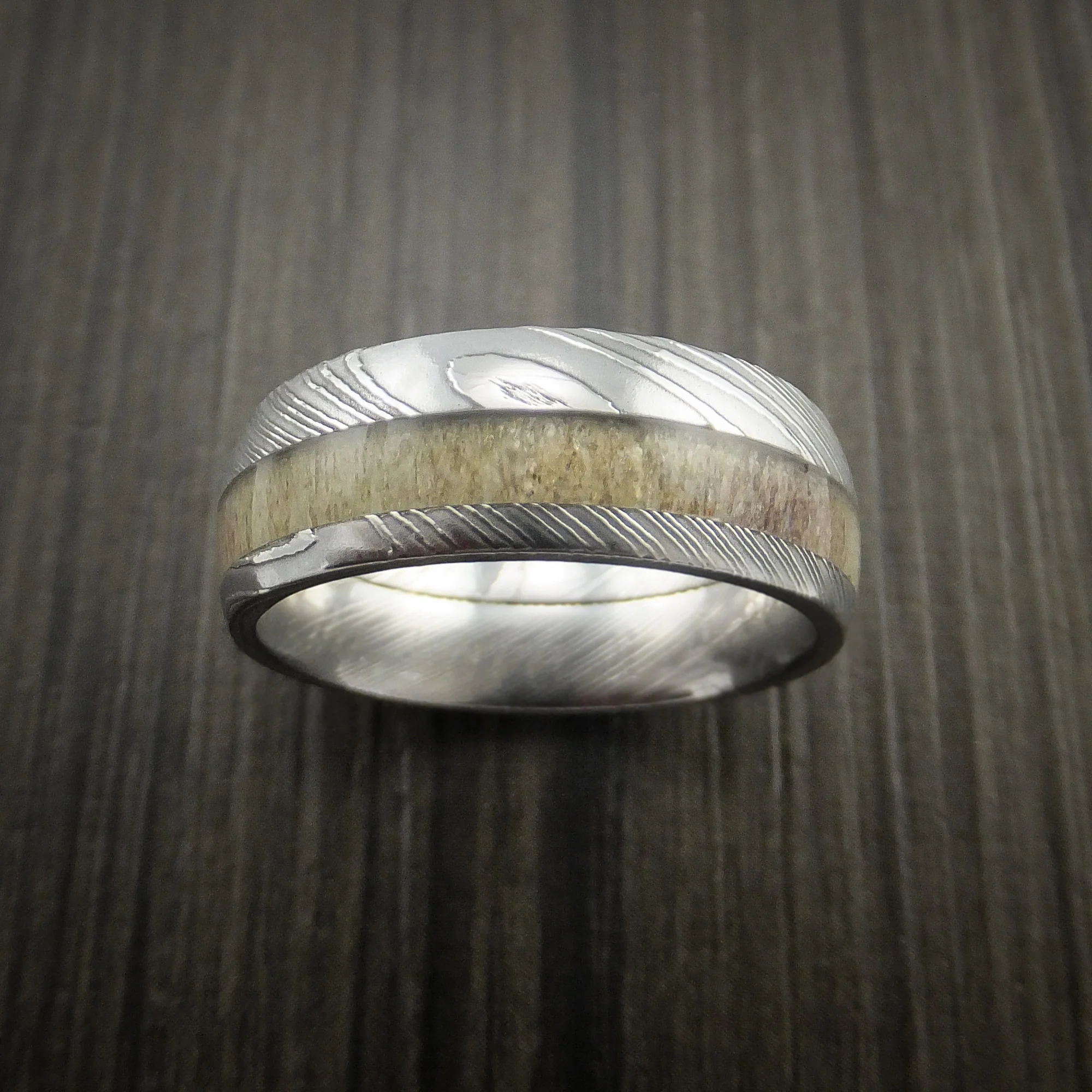 Antler Men's Ring inlaid in Solid Damascus Steel Hunters Wedding Band Custom Made - Image 4