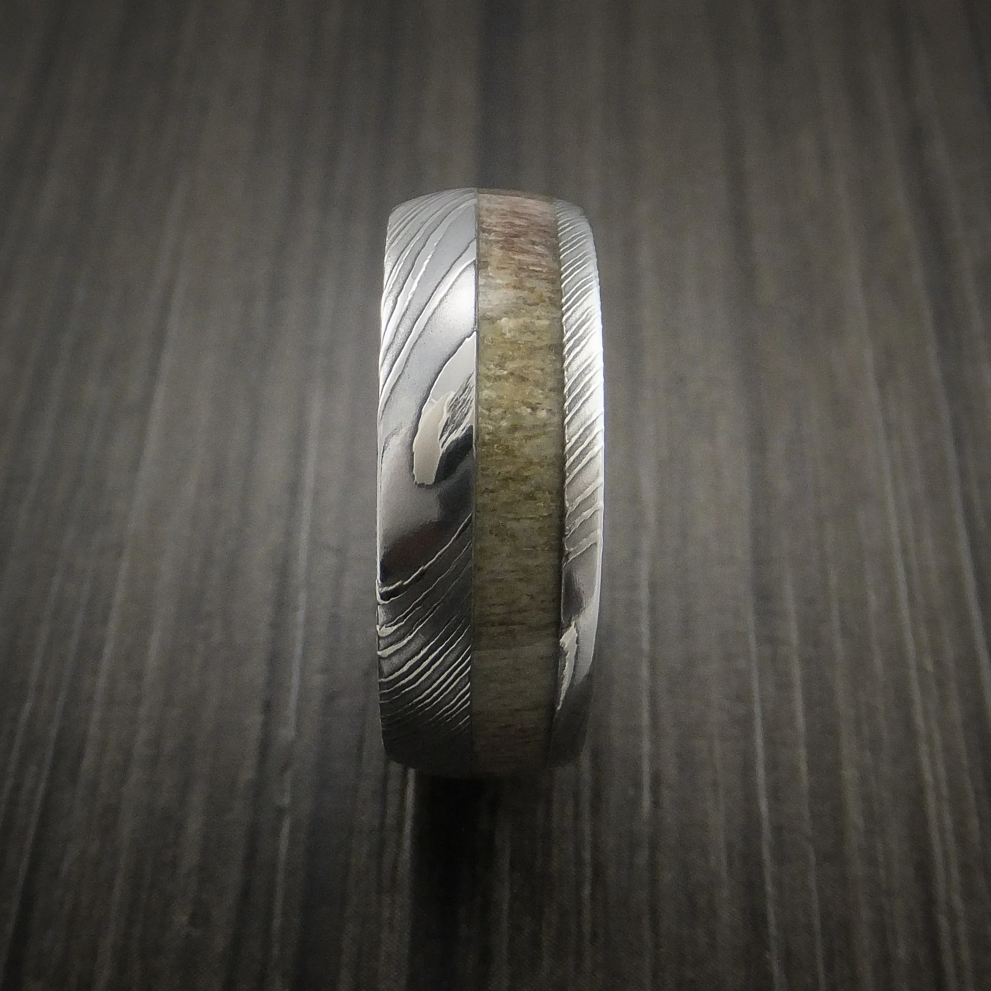 Antler Men's Ring inlaid in Solid Damascus Steel Hunters Wedding Band Custom Made - Image 5