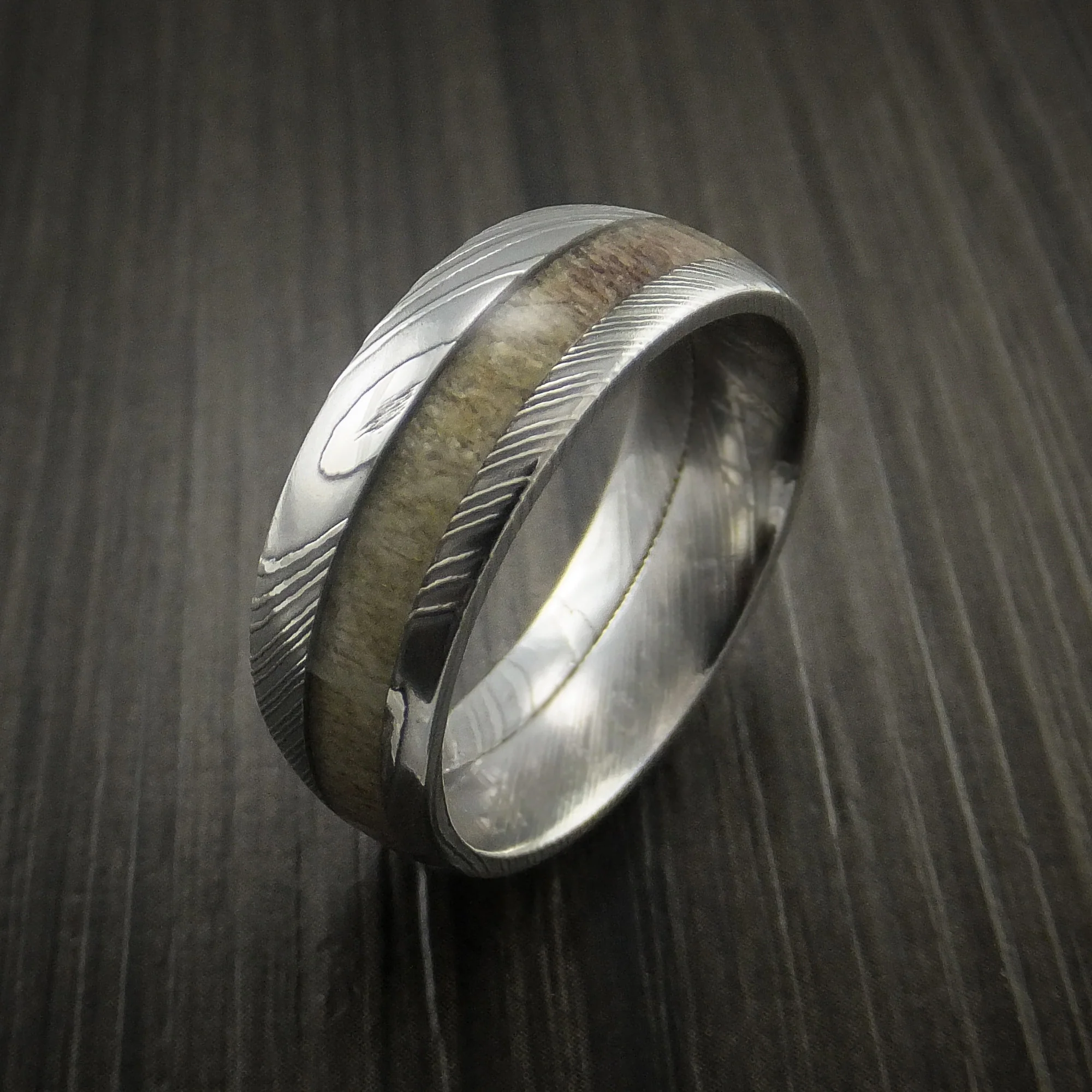Antler Men's Ring inlaid in Solid Damascus Steel Hunters Wedding Band Custom Made - Image 6
