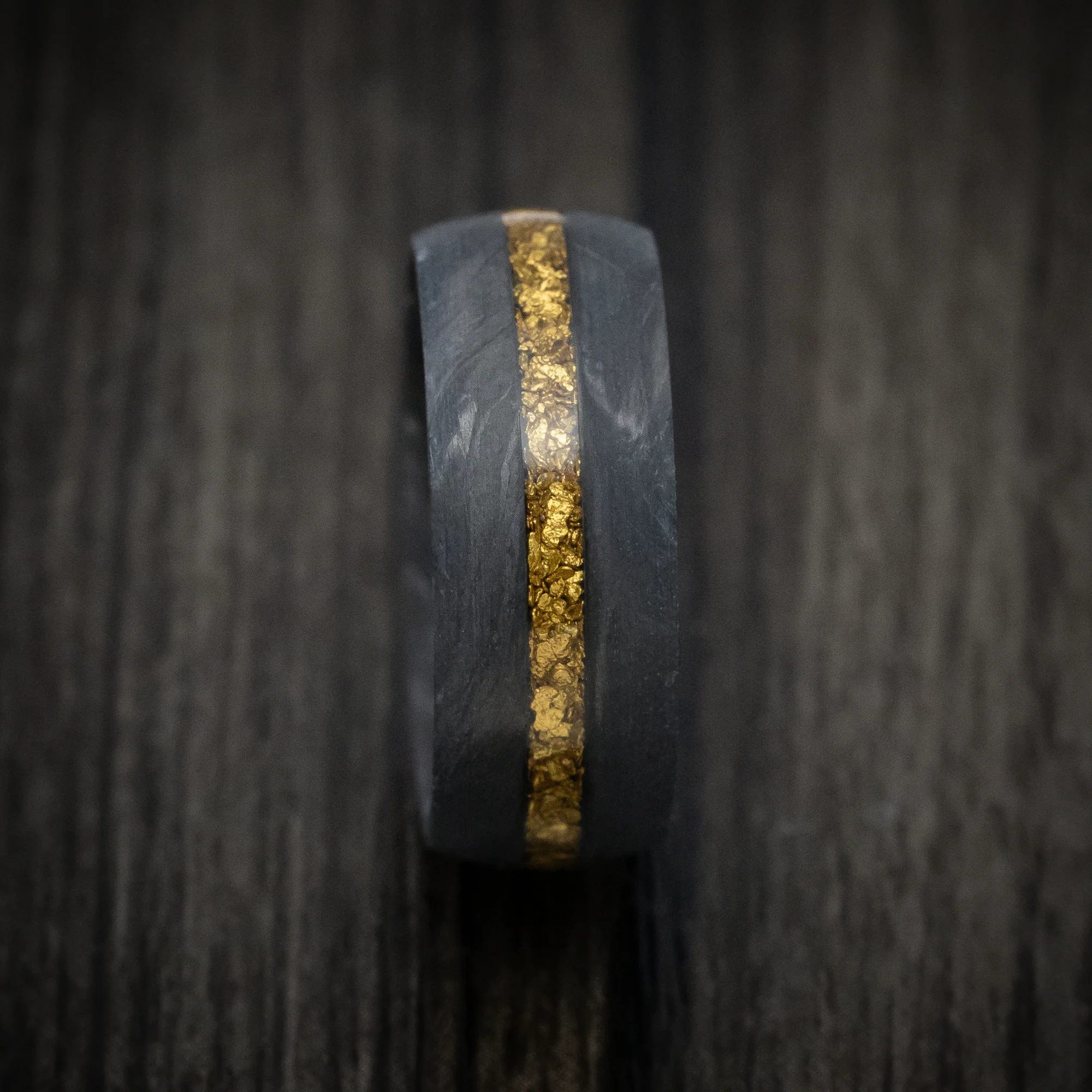 Forged Carbon Fiber and 24K Raw Gold Nugget Men's Ring Custom Made Band - Image 3