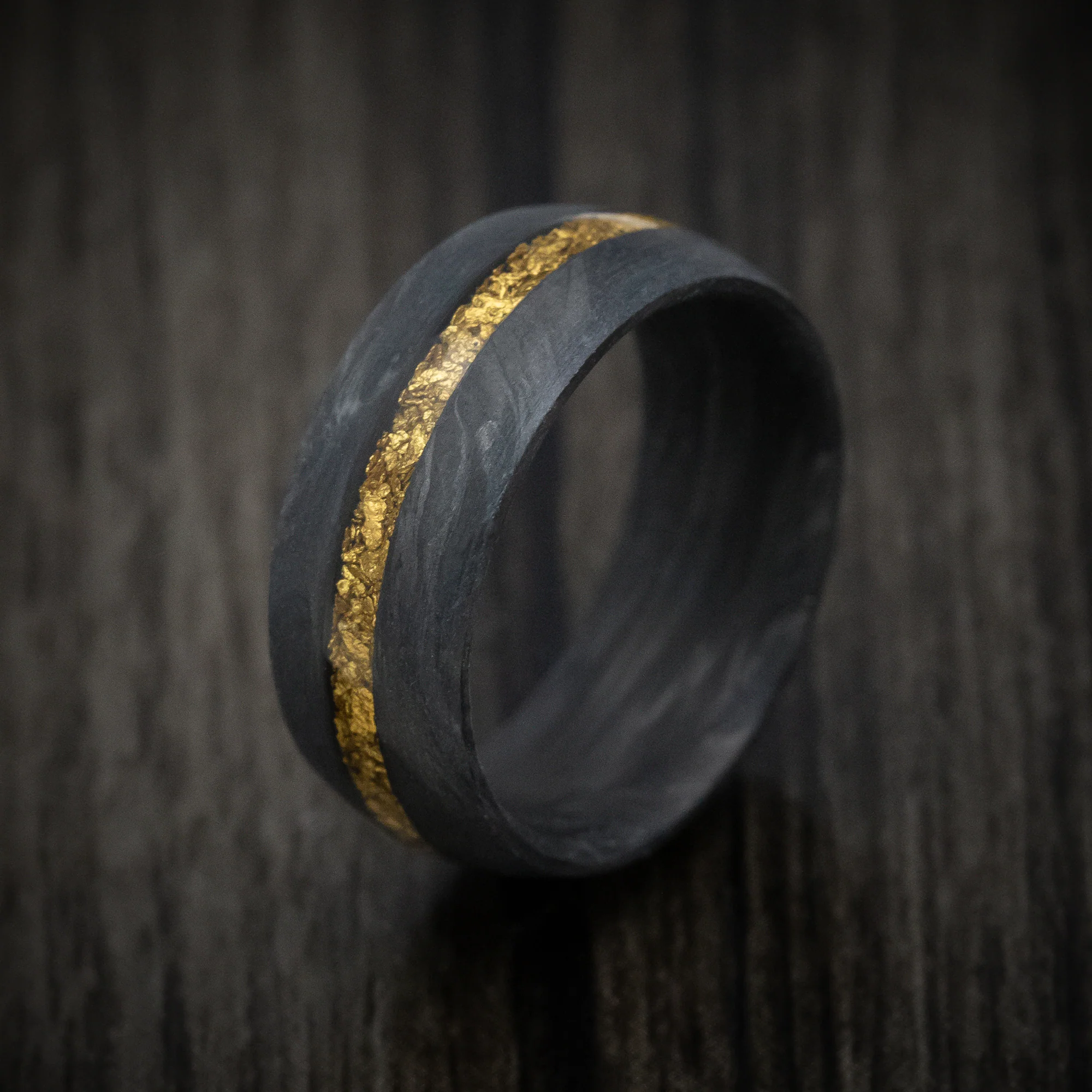 Forged Carbon Fiber and 24K Raw Gold Nugget Men's Ring Custom Made Band - Image 4
