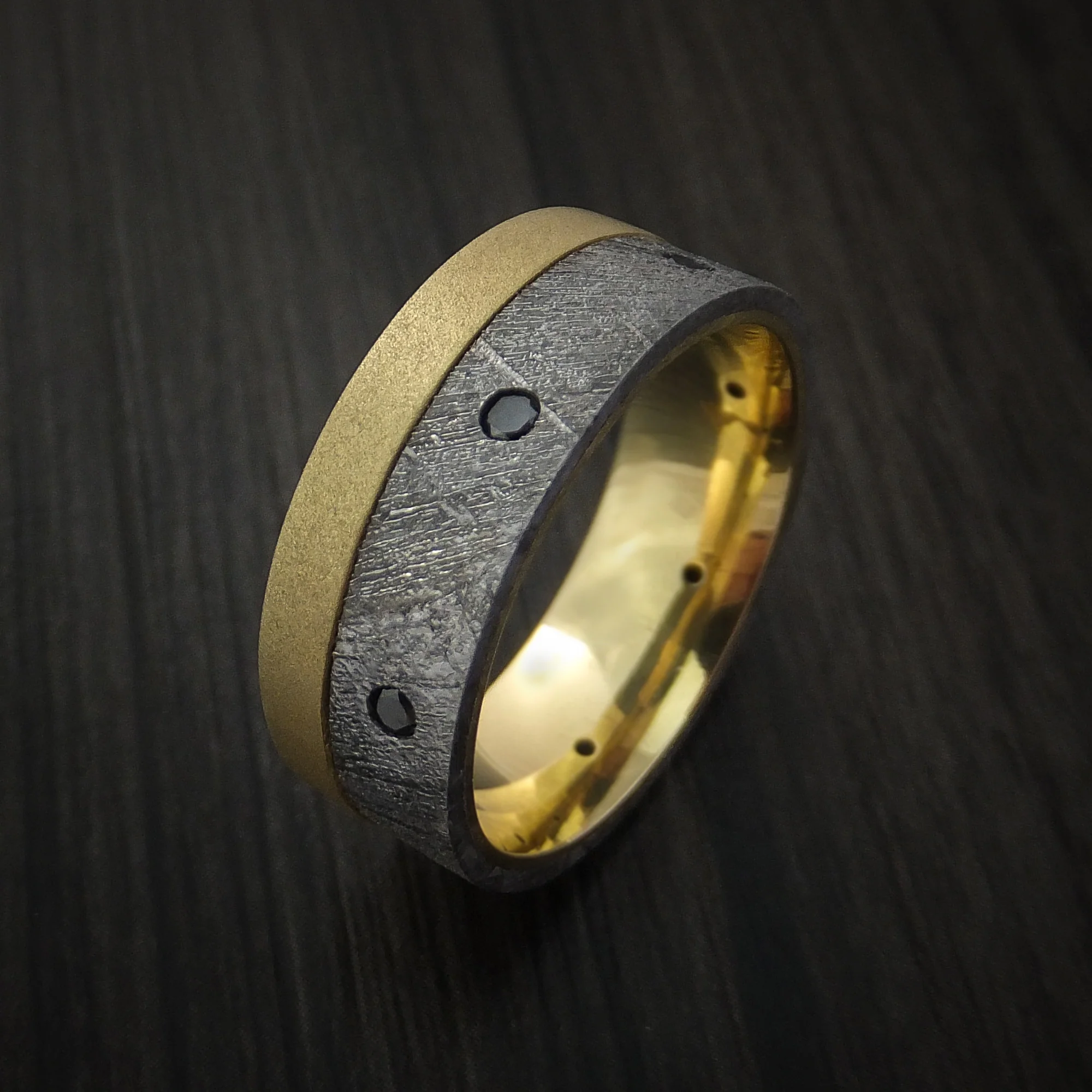 Gibeon Meteorite and Yellow Gold Men's Band with Black Diamonds - Image 3