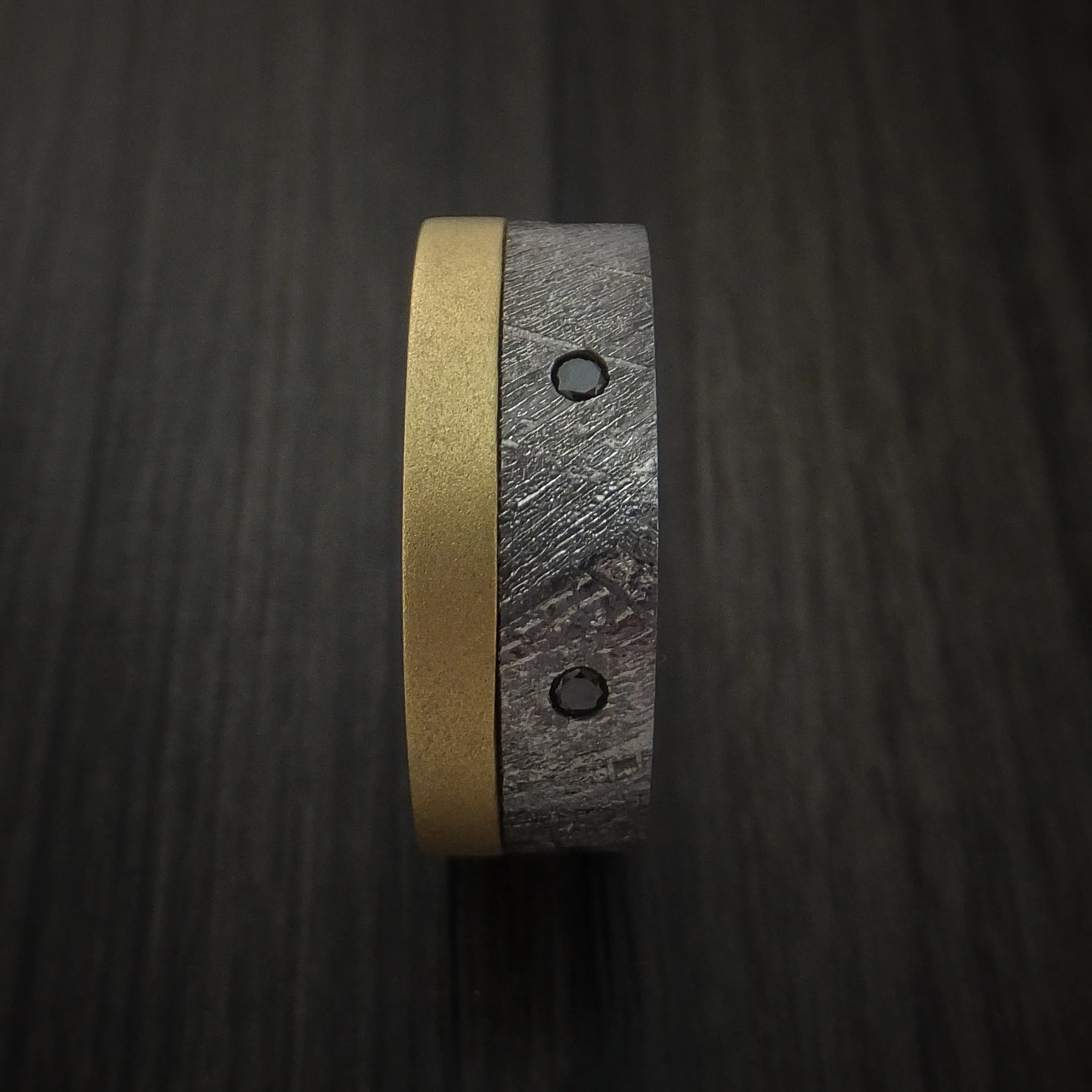 Gibeon Meteorite and Yellow Gold Men's Band with Black Diamonds - Image 4
