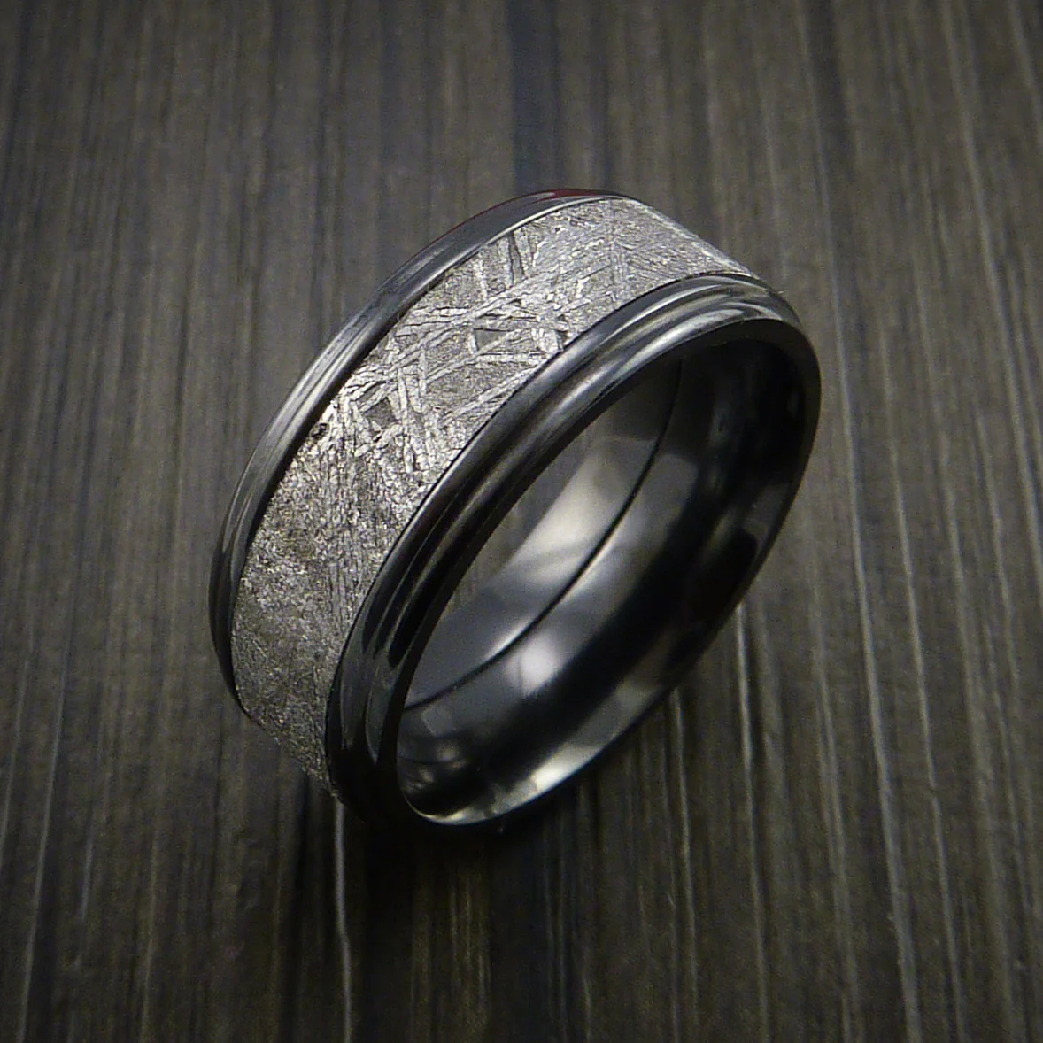 Black Zirconium Men's Ring with Gibeon Meteorite Inlay Custom Made Wedding Band - Image 4