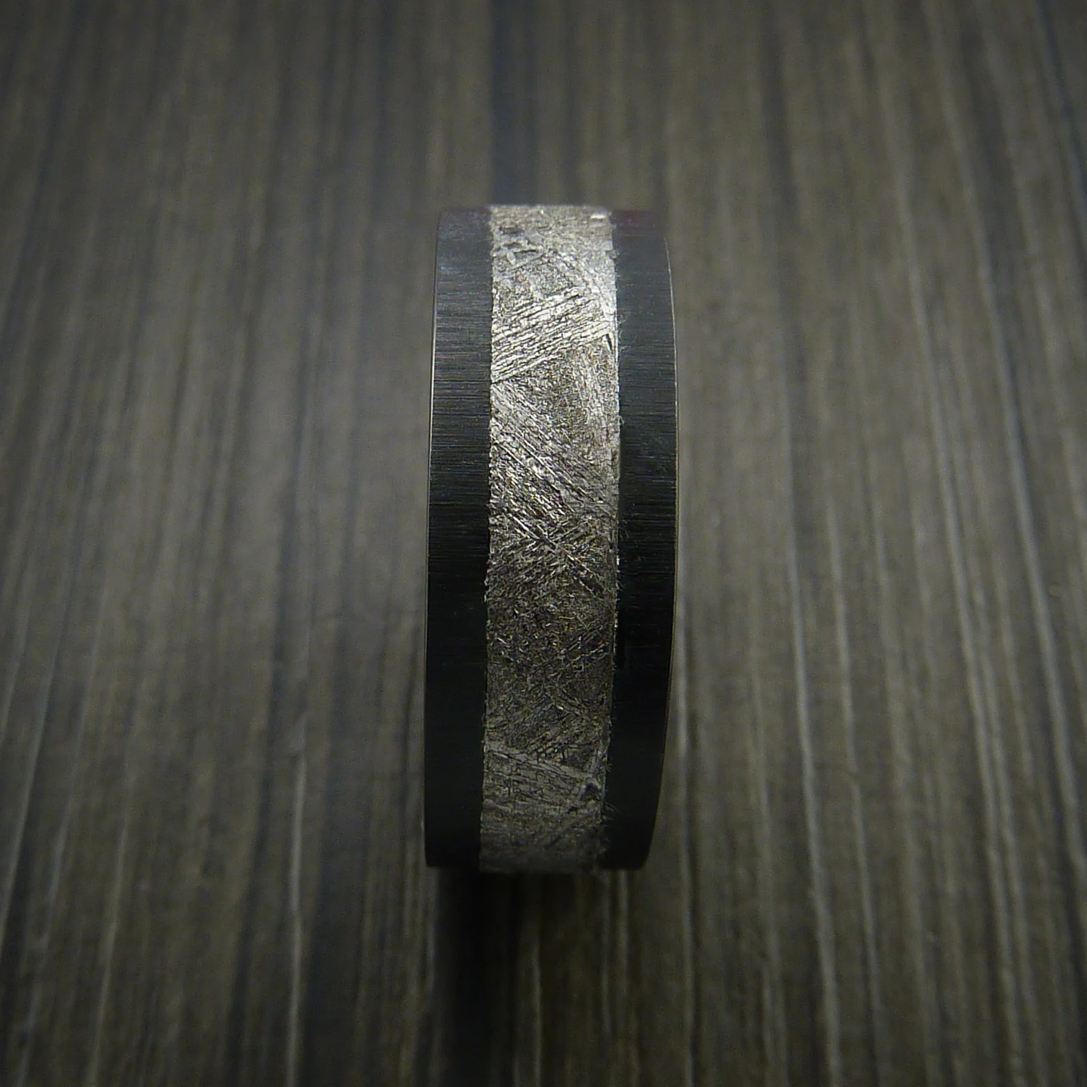 Black Zirconium Men's Ring with Gibeon Meteorite Inlay Custom Made Wedding Band - Image 3