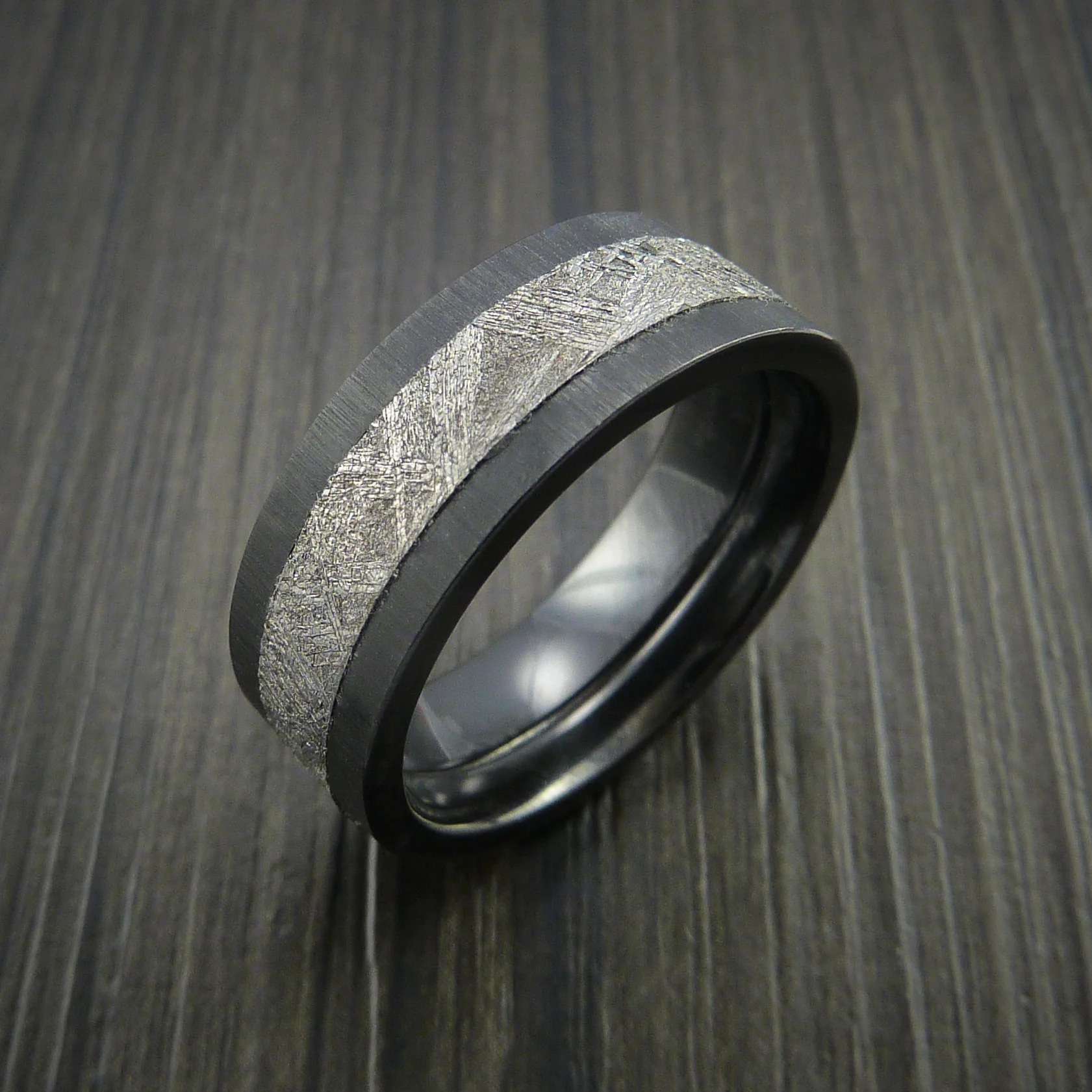 Black Zirconium Men's Ring with Gibeon Meteorite Inlay Custom Made Wedding Band - Image 4
