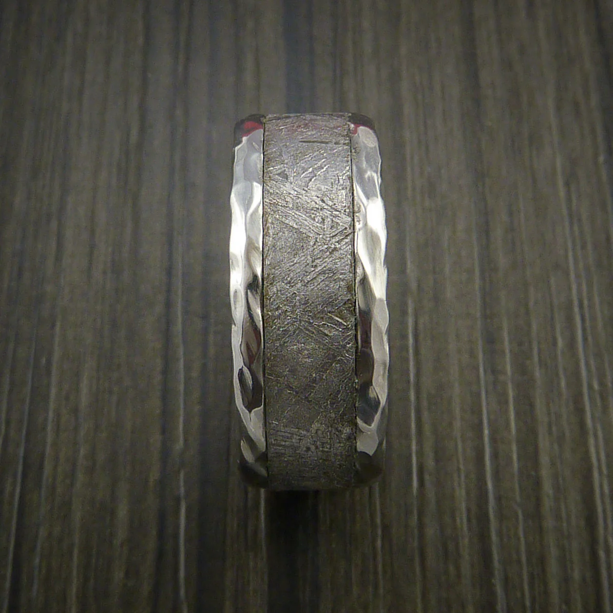 Hammered Cobalt Chrome Men's Ring with Gibeon Meteorite Inlay Custom Made Wedding Band - Image 3