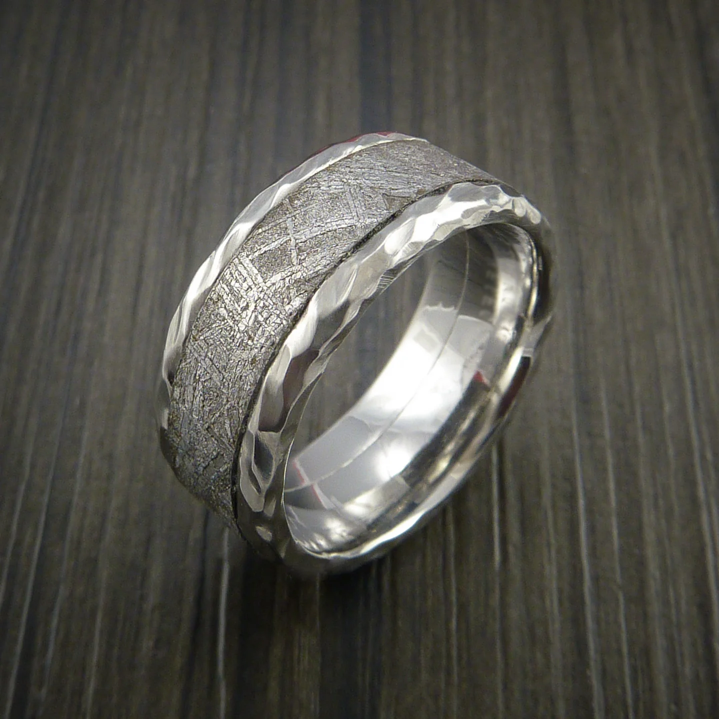 Hammered Cobalt Chrome Men's Ring with Gibeon Meteorite Inlay Custom Made Wedding Band - Image 4