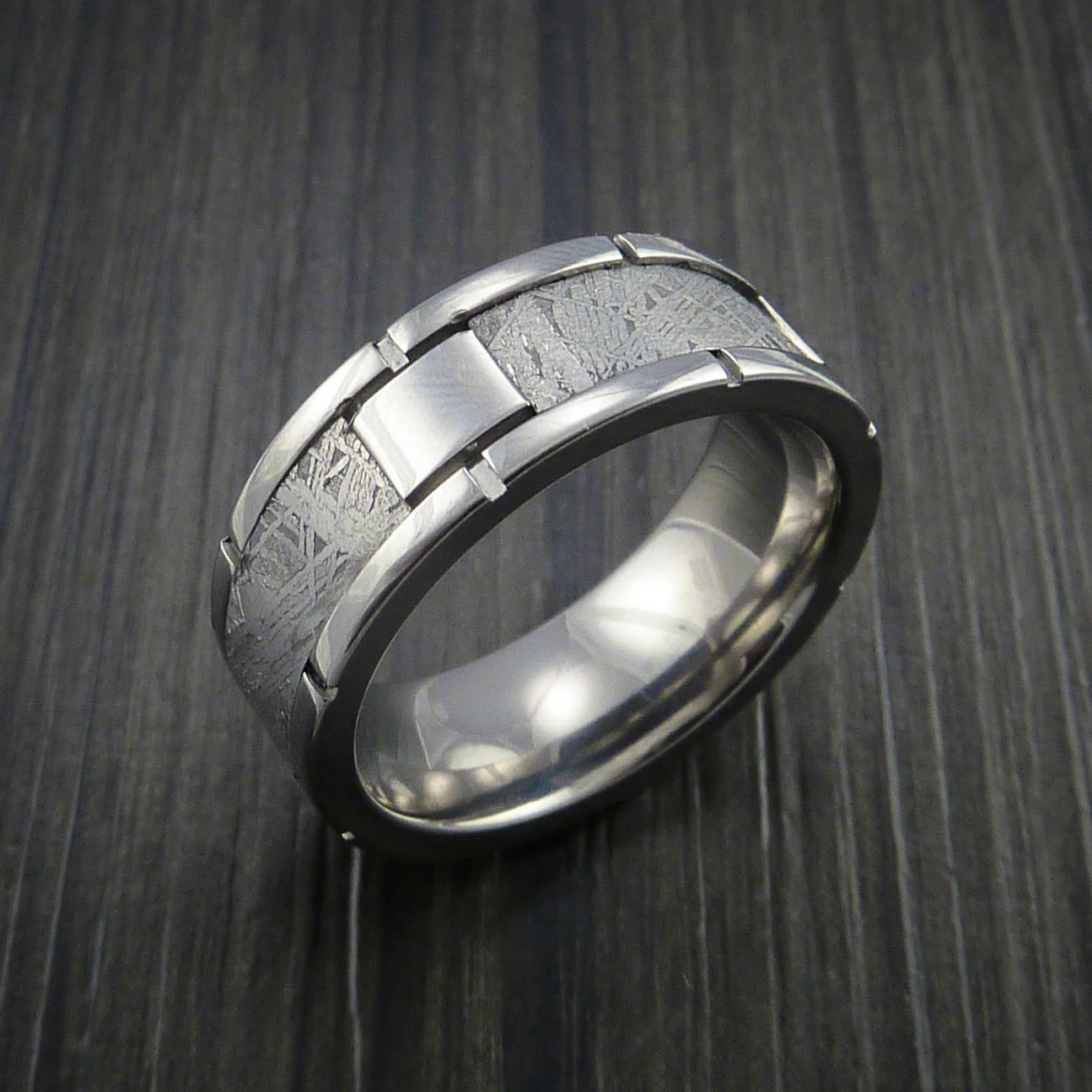 Titanium Men's Ring with Segmented Gibeon Meteorite Inlay Custom Made Wedding Band - Image 5