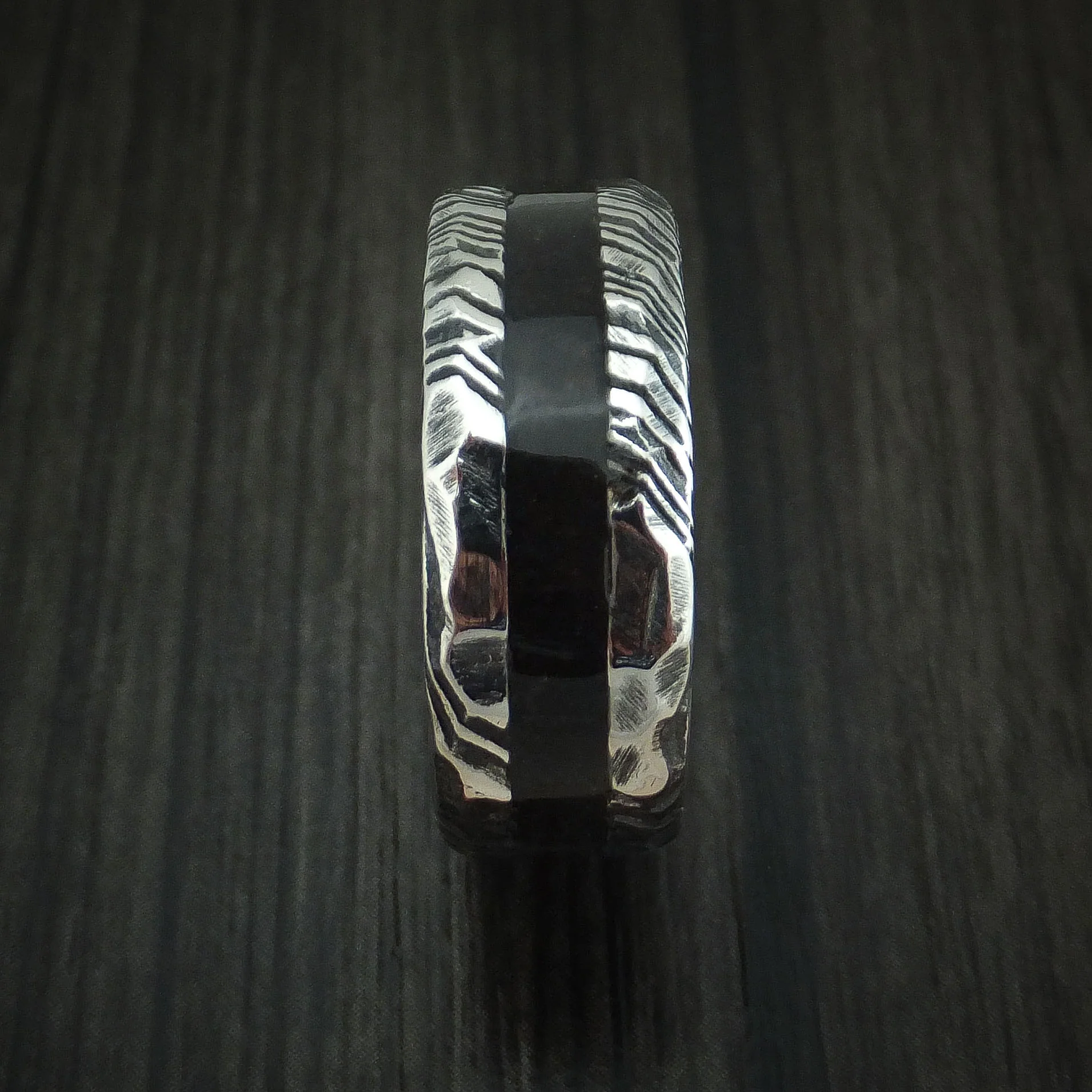 Woodgrain Kuro Damascus Steel and Black Dinosaur Bone Rock Hammered Men's Ring Custom Made Fossil Band - Image 3