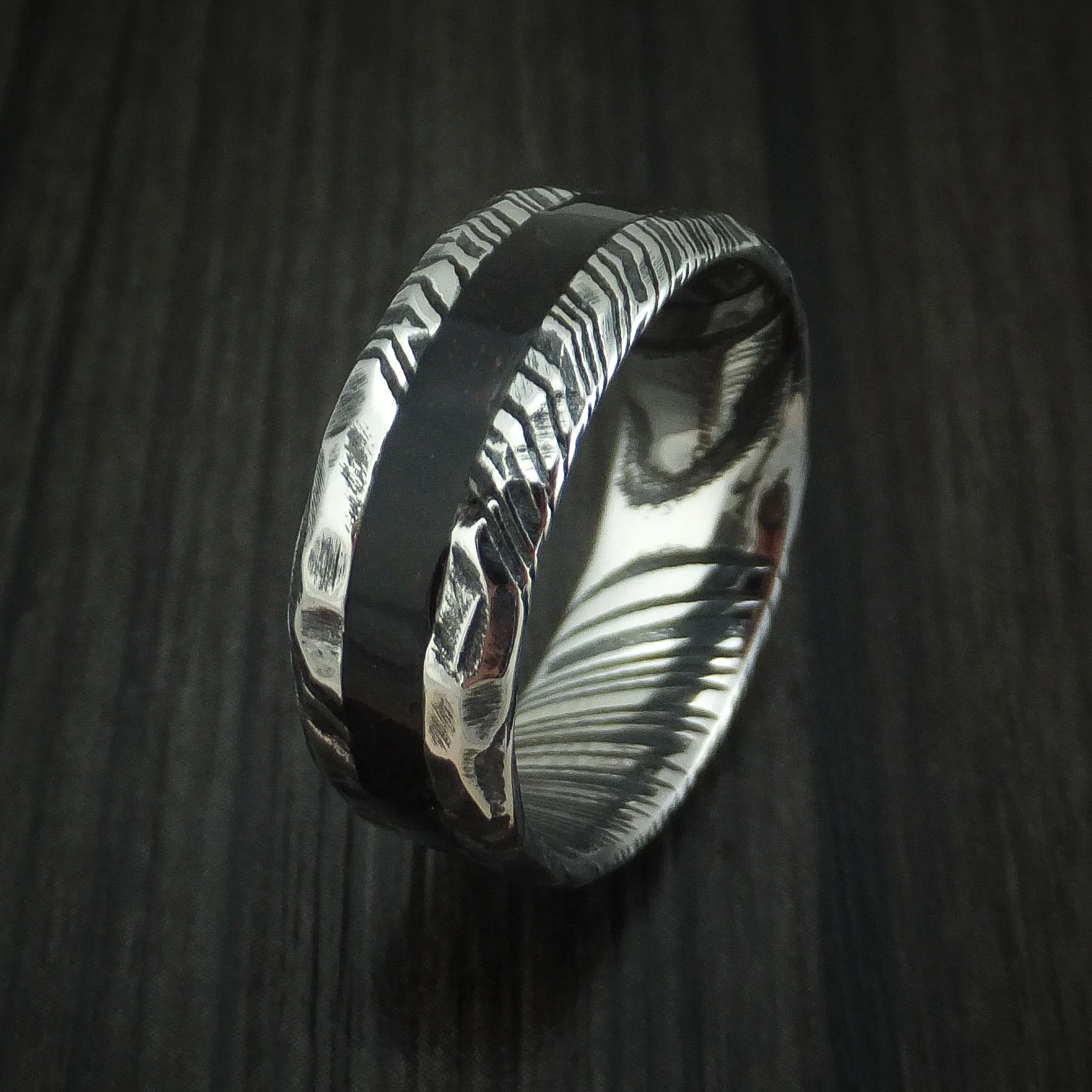 Woodgrain Kuro Damascus Steel and Black Dinosaur Bone Rock Hammered Men's Ring Custom Made Fossil Band - Image 4