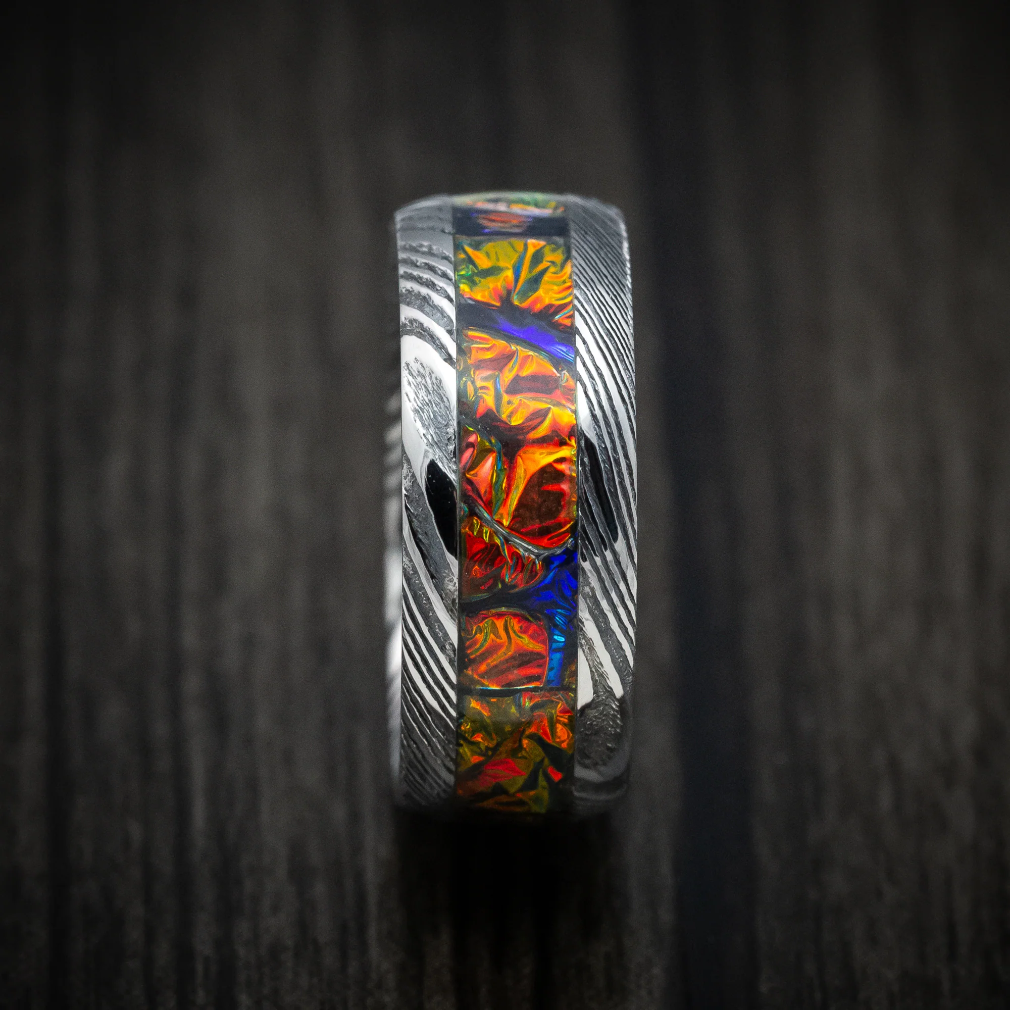 Woodgrain Kuro Damascus Steel and Dichrolam Inlay Men's Ring Custom Made Band - Image 3