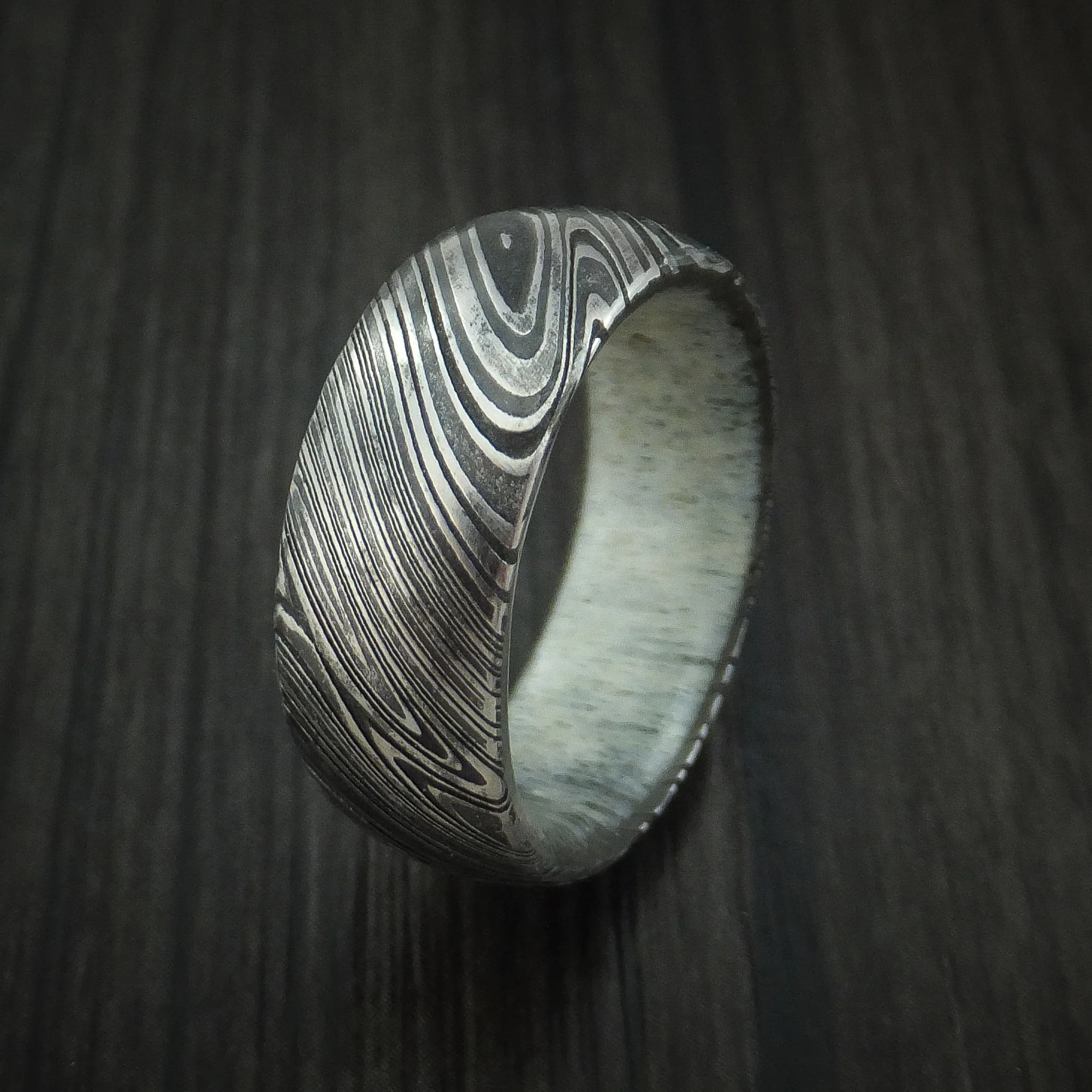 Woodgrain Kuro Damascus Steel Men's Band with Antler Sleeve Custom Made - Image 4