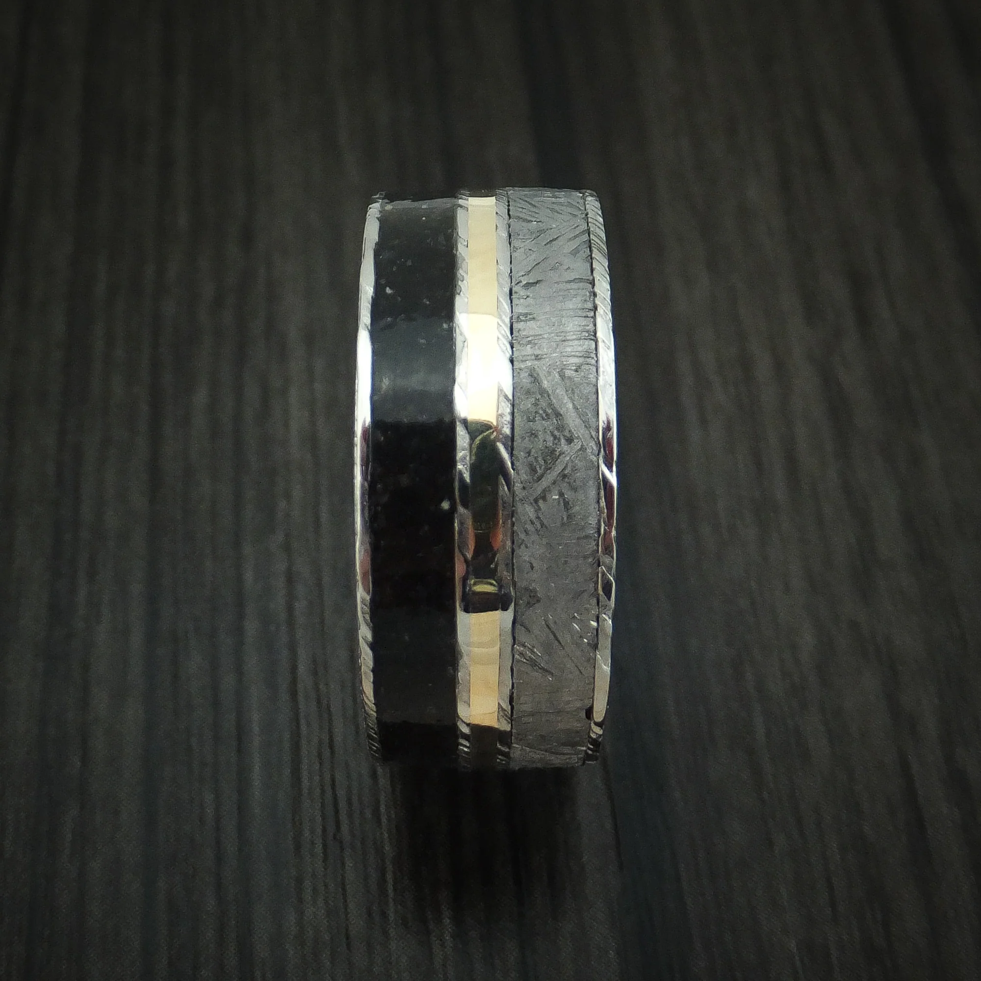 Woodgrain Kuro Damascus Steel Black Dinosaur Bone and Gibeon Meteorite Men's Ring with Wood Sleeve and 14K Yellow Gold Inlay Custom Made Fossil Band - Image 3
