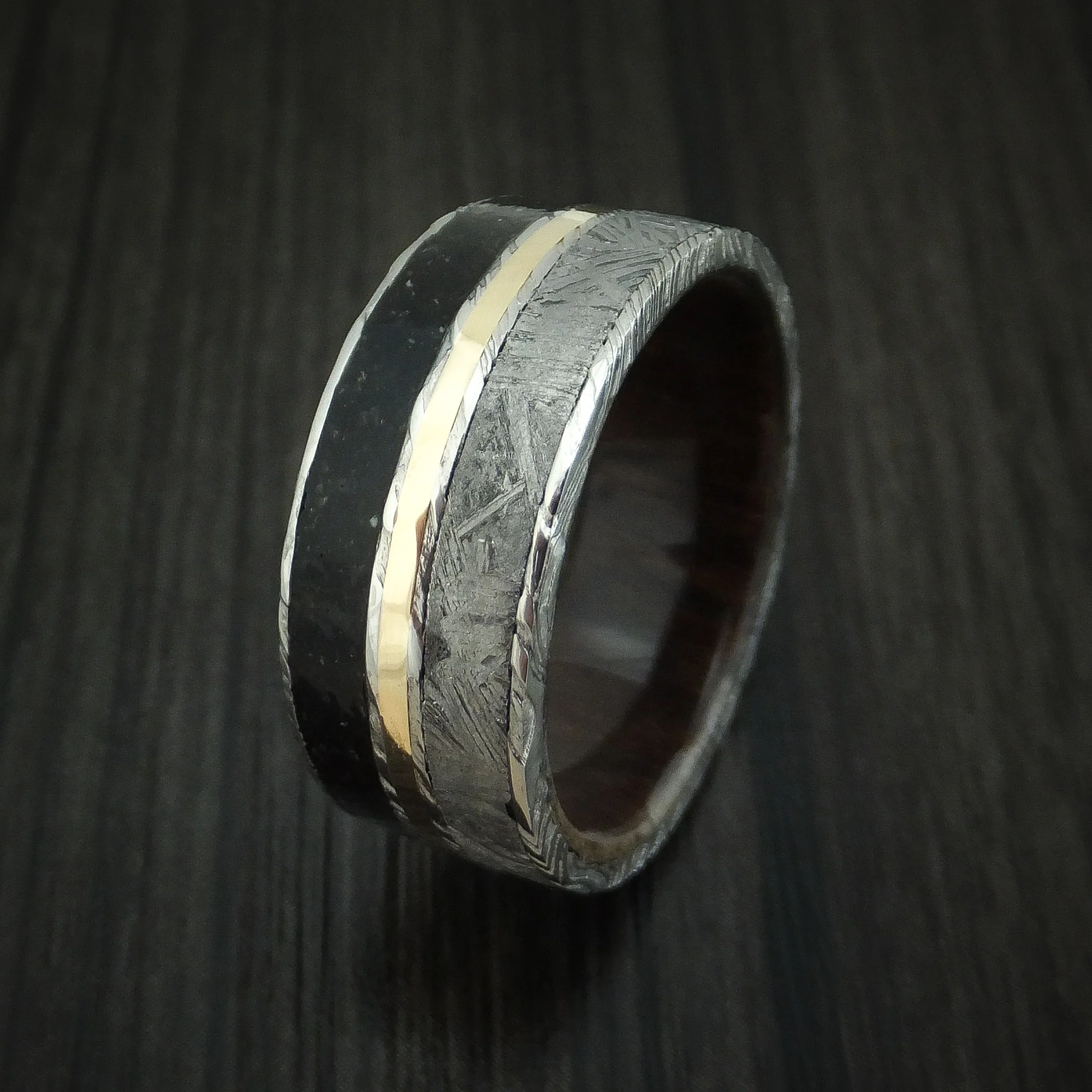 Woodgrain Kuro Damascus Steel Black Dinosaur Bone and Gibeon Meteorite Men's Ring with Wood Sleeve and 14K Yellow Gold Inlay Custom Made Fossil Band - Image 4
