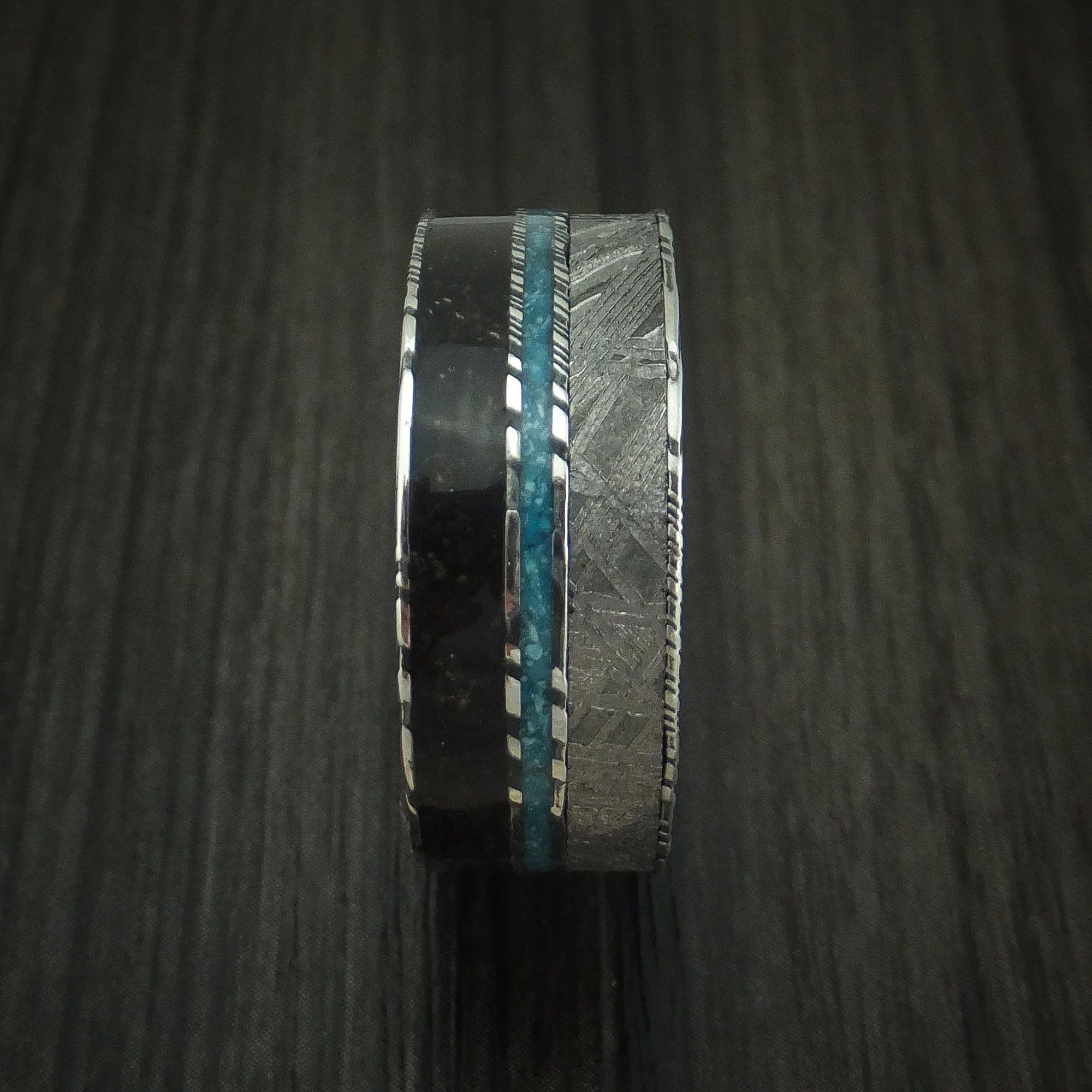 Woodgrain Kuro Damascus Steel Black Dinosaur Bone and Gibeon Meteorite Men's Ring with Turquoise Inlay Custom Made Fossil Band - Image 3
