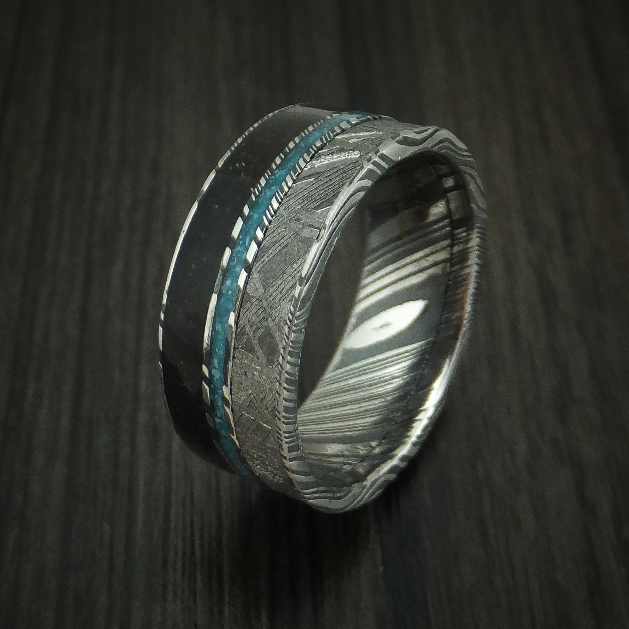 Woodgrain Kuro Damascus Steel Black Dinosaur Bone and Gibeon Meteorite Men's Ring with Turquoise Inlay Custom Made Fossil Band - Image 4