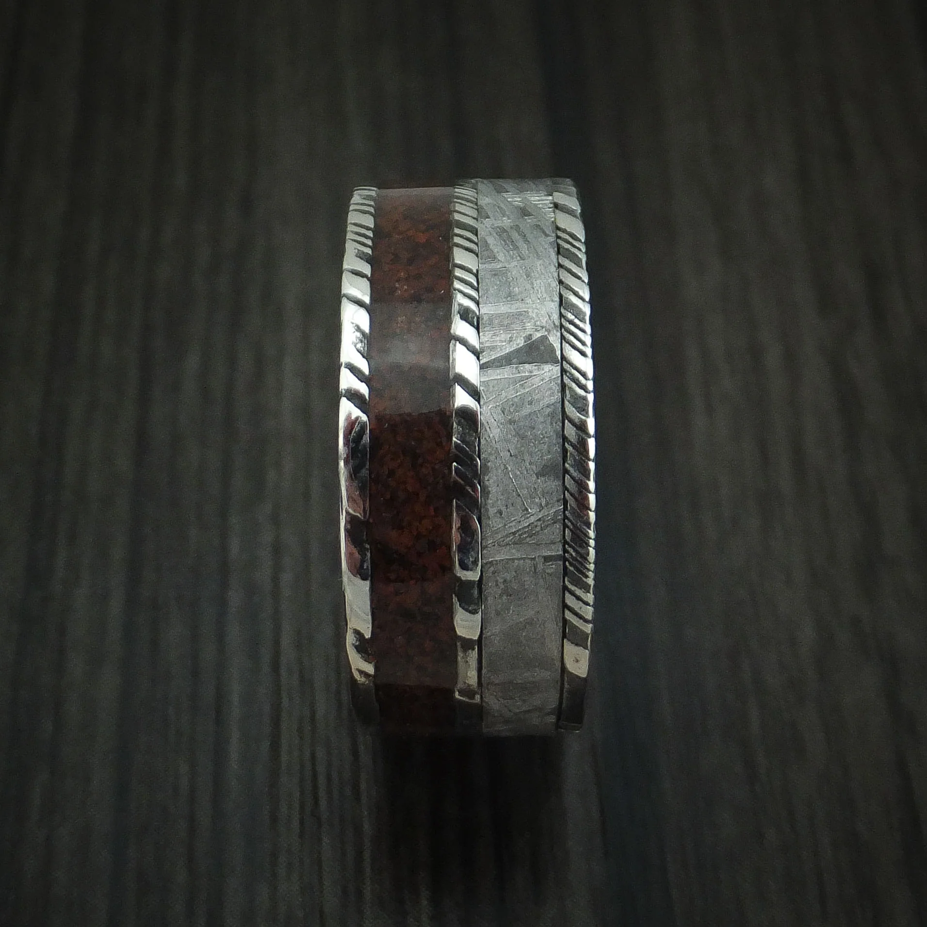 Woodgrain Kuro Damascus Steel Red Dinosaur Bone and Gibeon Meteorite Men's Ring Custom Made Fossil Band - Image 3