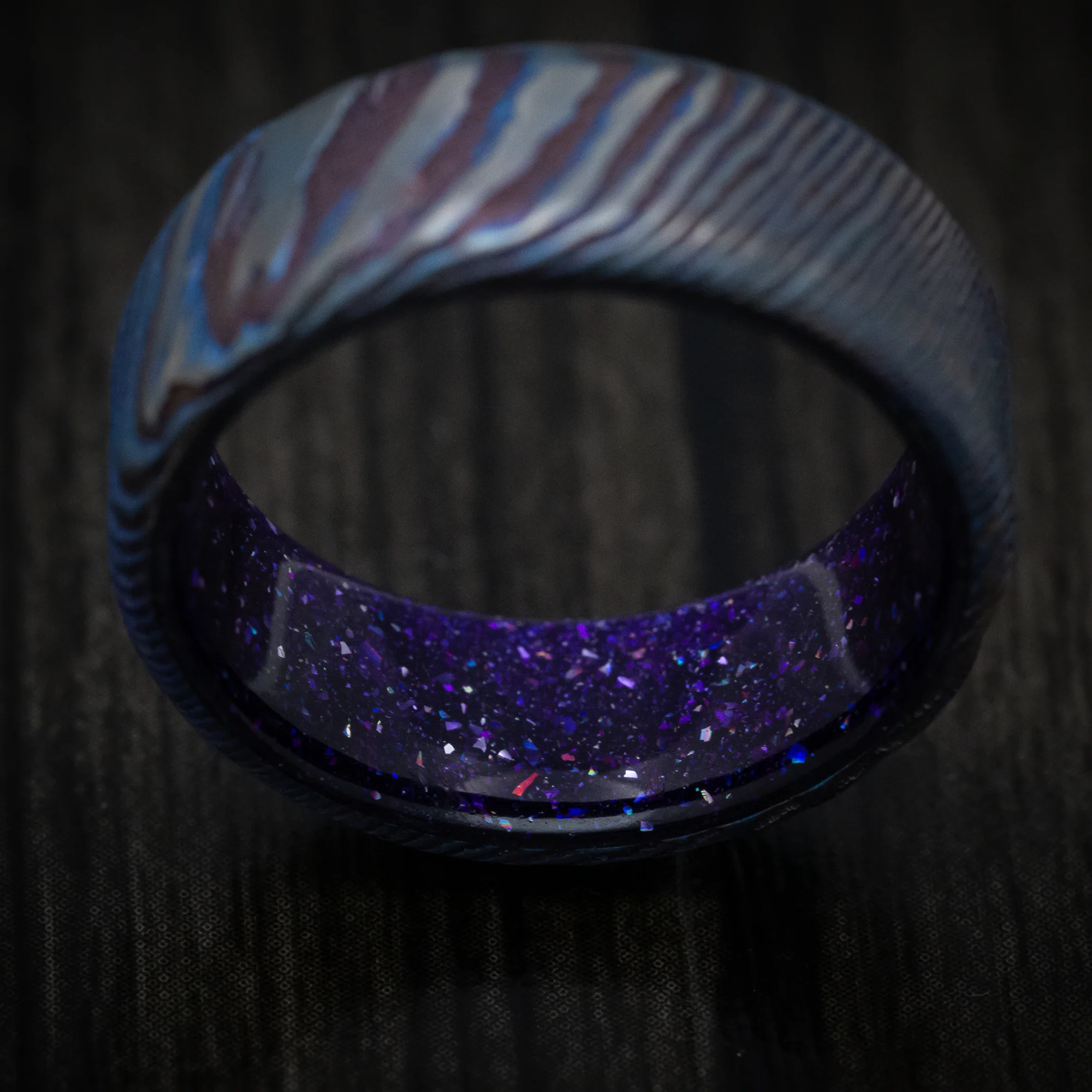 Kuro-Ti Heat-Treated Titanium Damascus and DiamondCast Sleeve Men's Ring Custom Made - Image 3