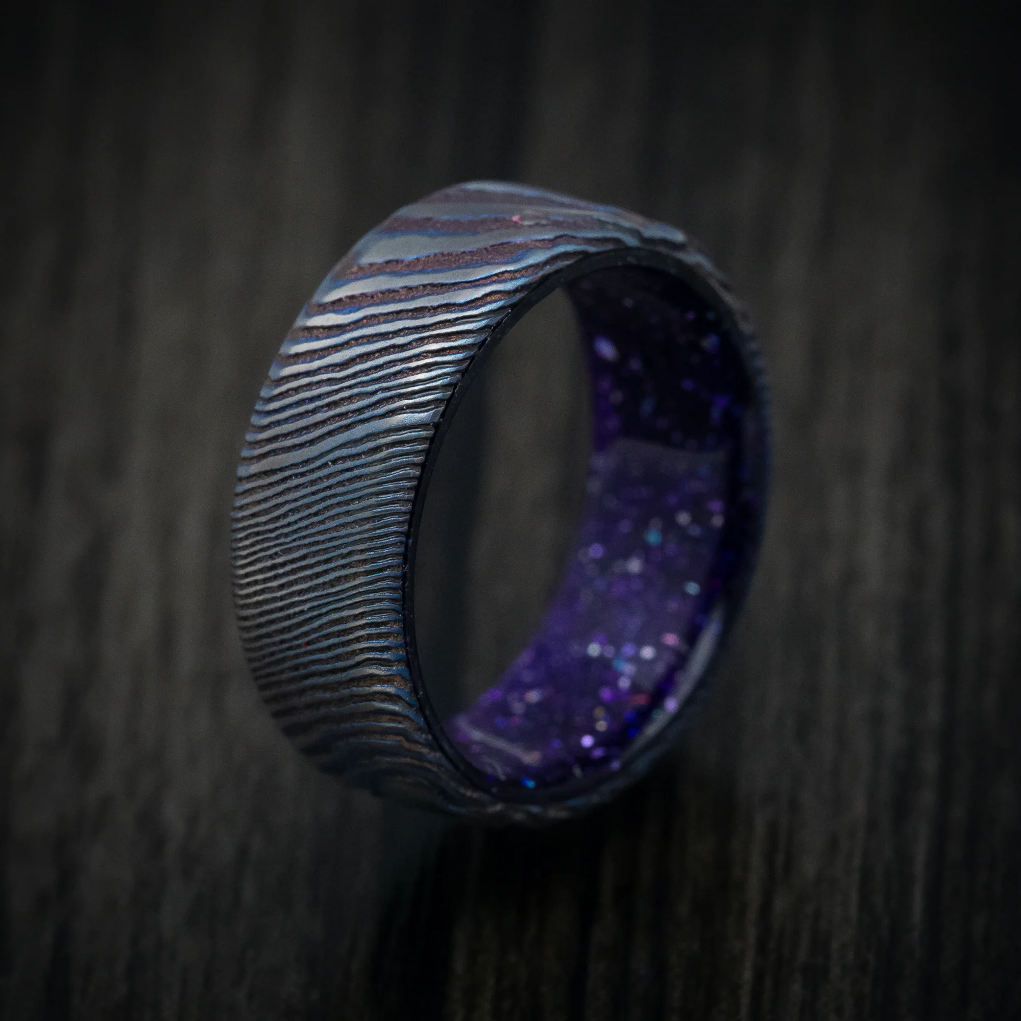 Kuro-Ti Heat-Treated Titanium Damascus and DiamondCast Sleeve Men's Ring Custom Made - Image 5