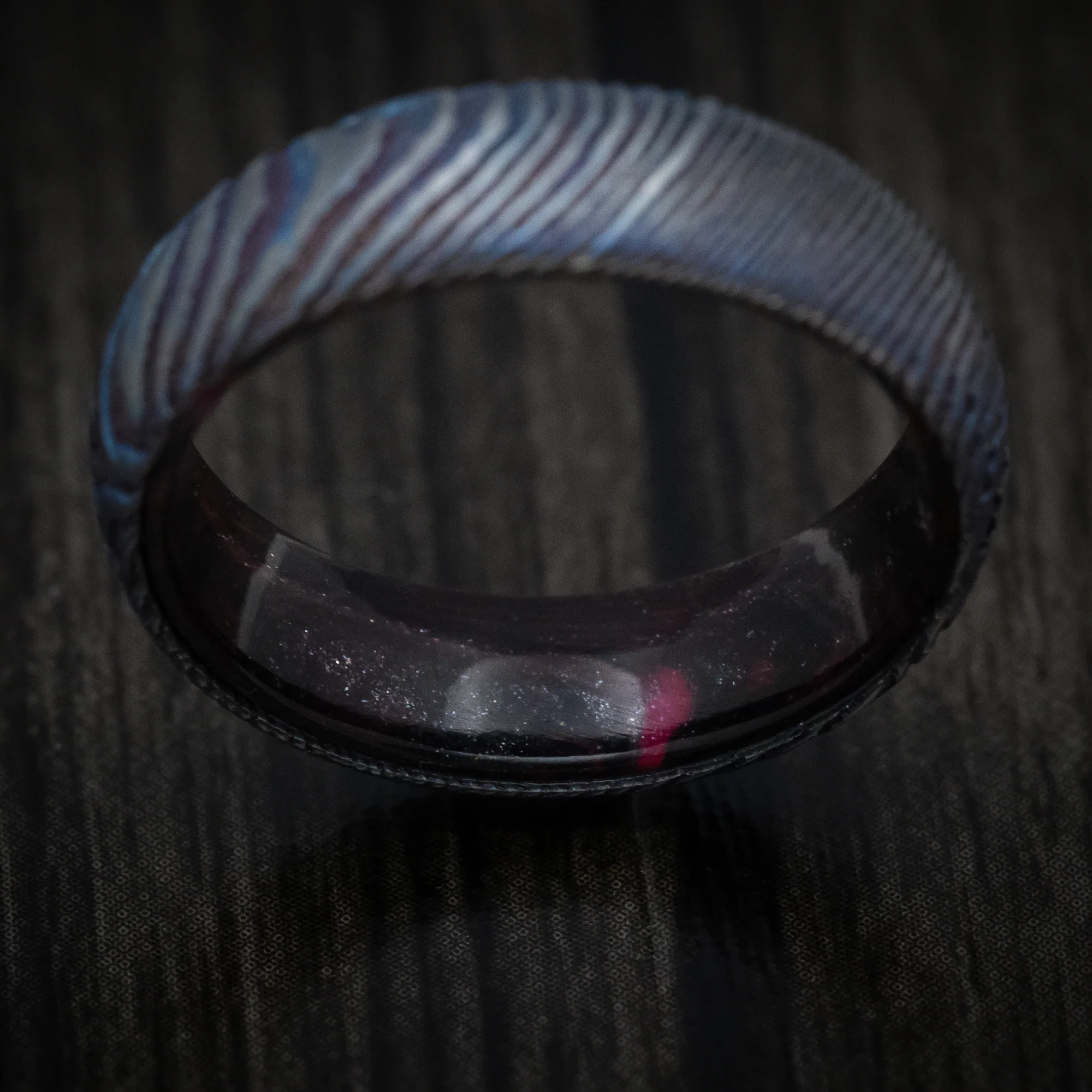Kuro-Ti Heat-Treated Titanium Damascus and DiamondCast Sleeve Men's Ring Custom Made - Image 3