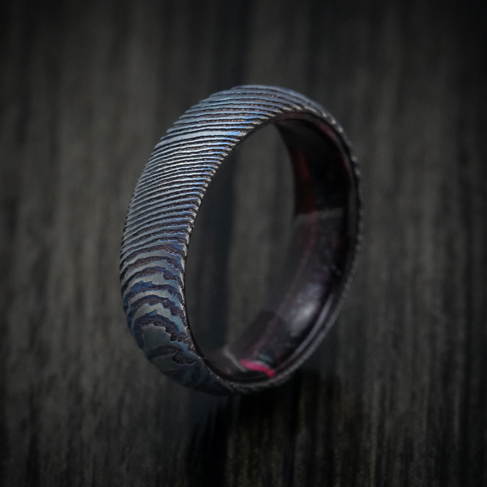 Kuro-Ti Heat-Treated Titanium Damascus and DiamondCast Sleeve Men's Ring Custom Made - Image 5