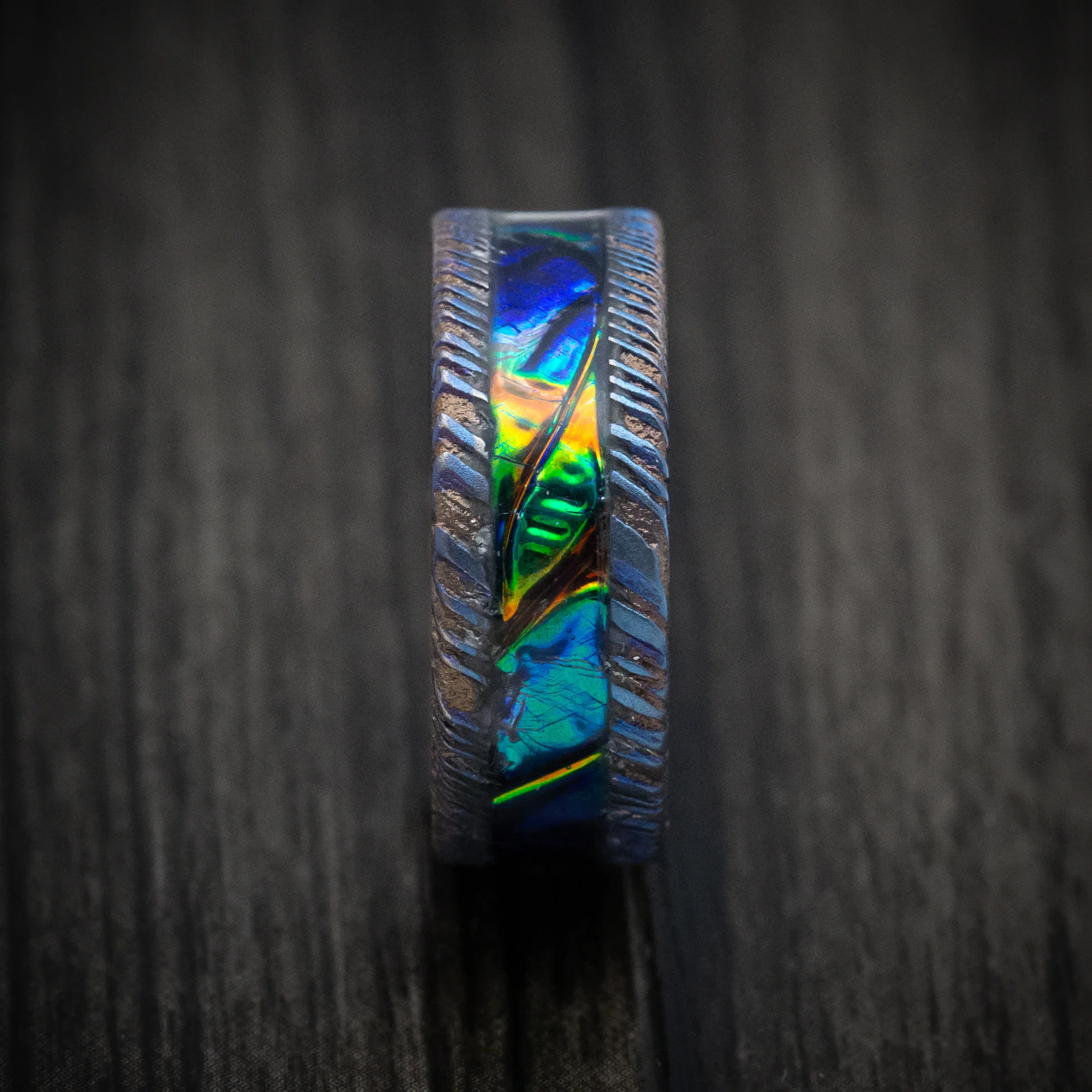 Kuro-Ti Heat-Treated Titanium Damascus and Dichrolam Inlay Men's Ring Custom Made Band - Image 3