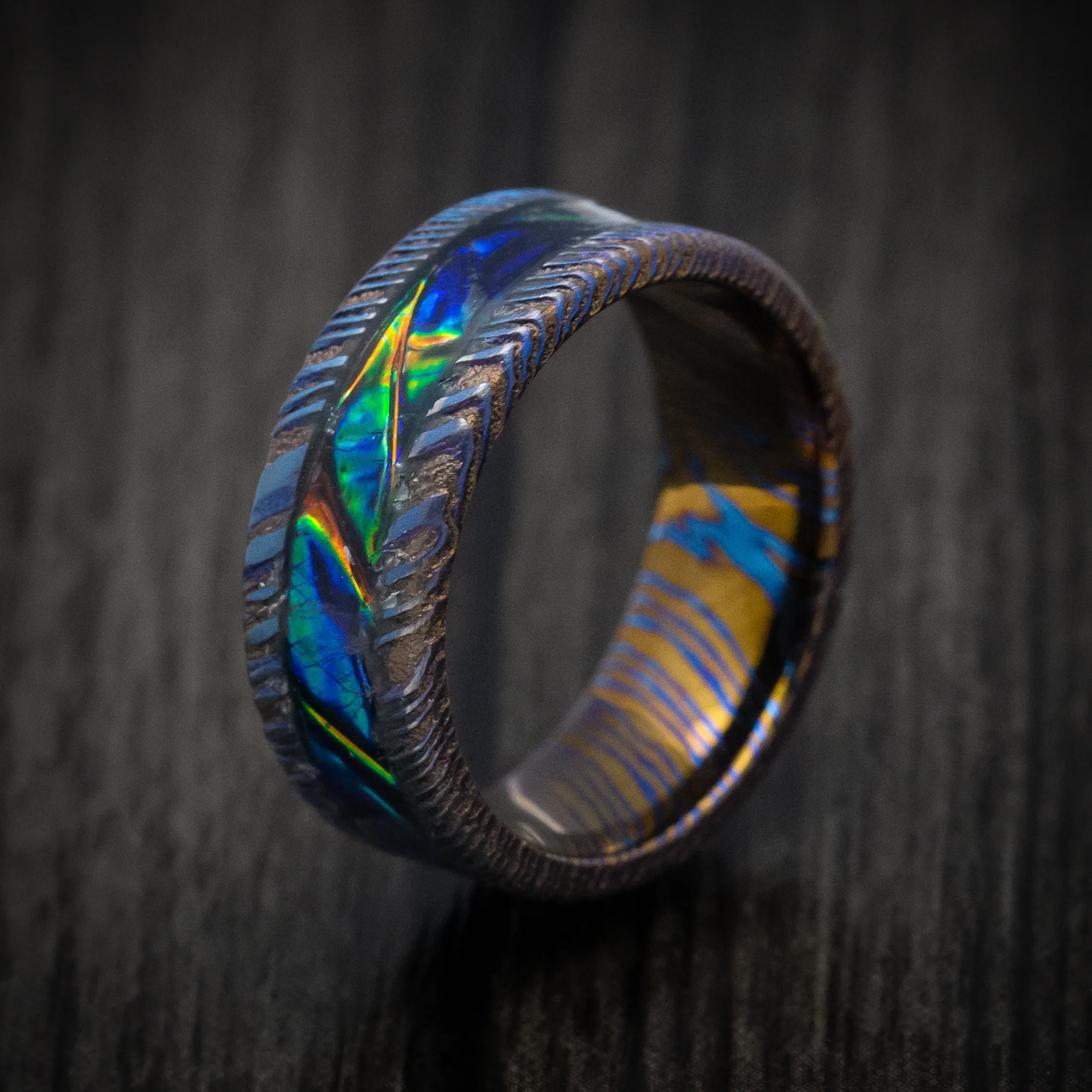 Kuro-Ti Heat-Treated Titanium Damascus and Dichrolam Inlay Men's Ring Custom Made Band - Image 4